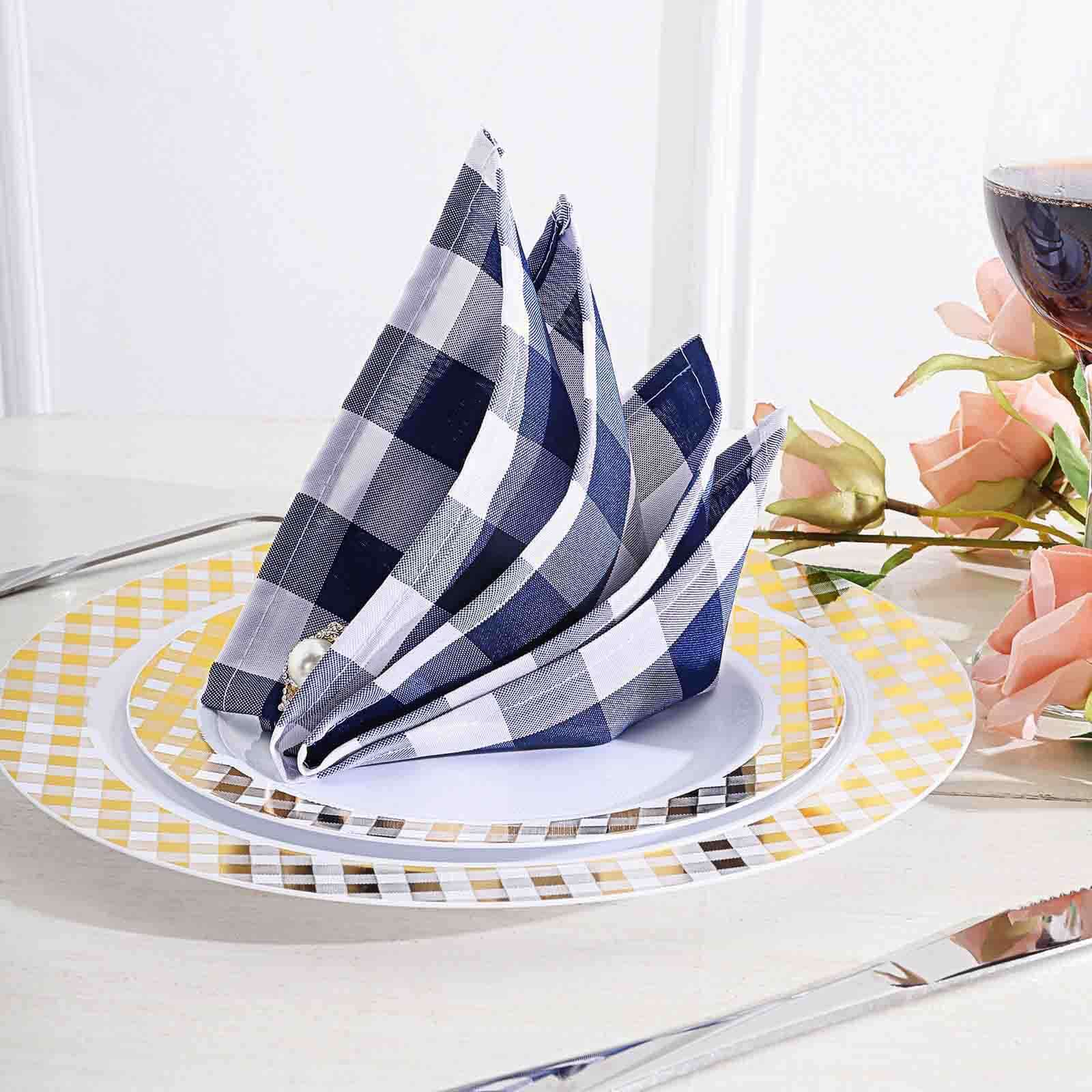 5 Pack Polyester 15x15 Napkins Navy Blue/White Buffalo Plaid Gingham Style Cloth Napkins