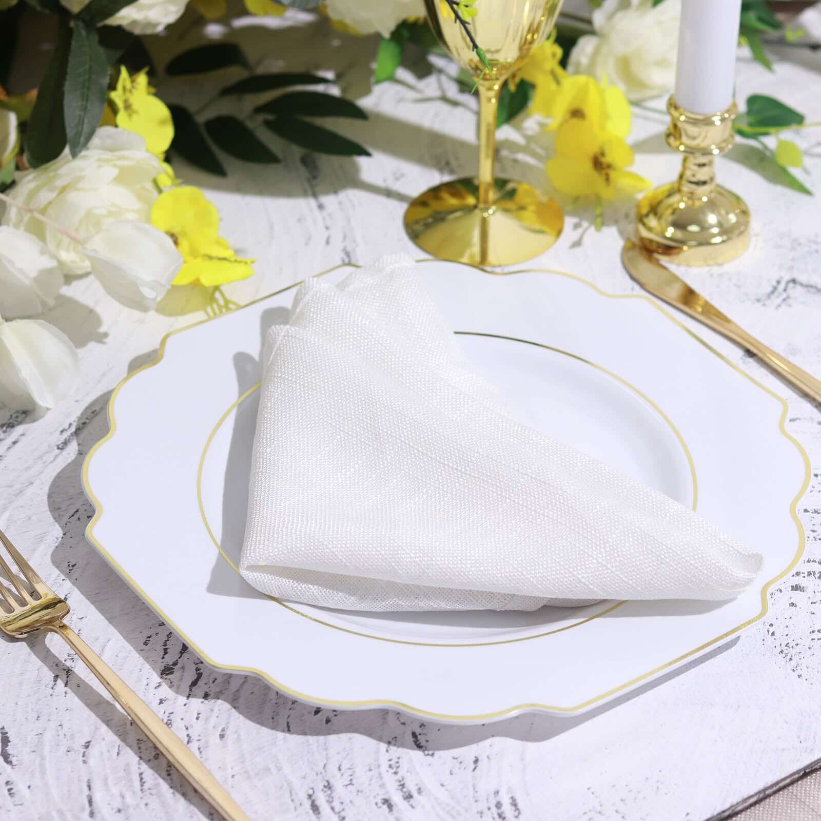 10-Pack Plastic Dinner Plates in White Baroque Design with Scalloped Gold Rim - Heavy Duty Disposable Party Plates for Events & Banquets 11