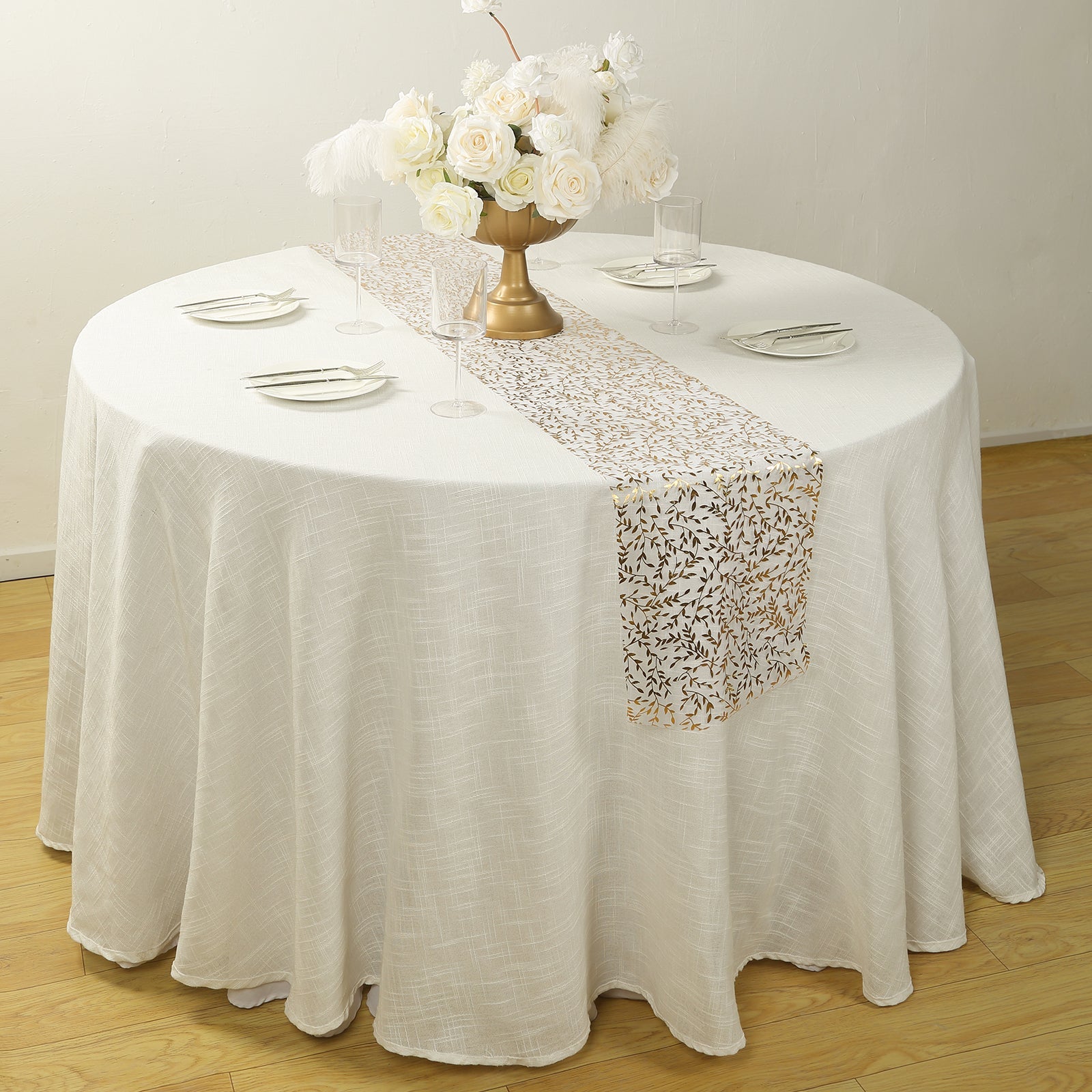 5 Pack Organza Mesh 11x108 Table Runner Rolls White with Gold Foil Leaf Vines - Disposable Stylish & Chic Table Decor