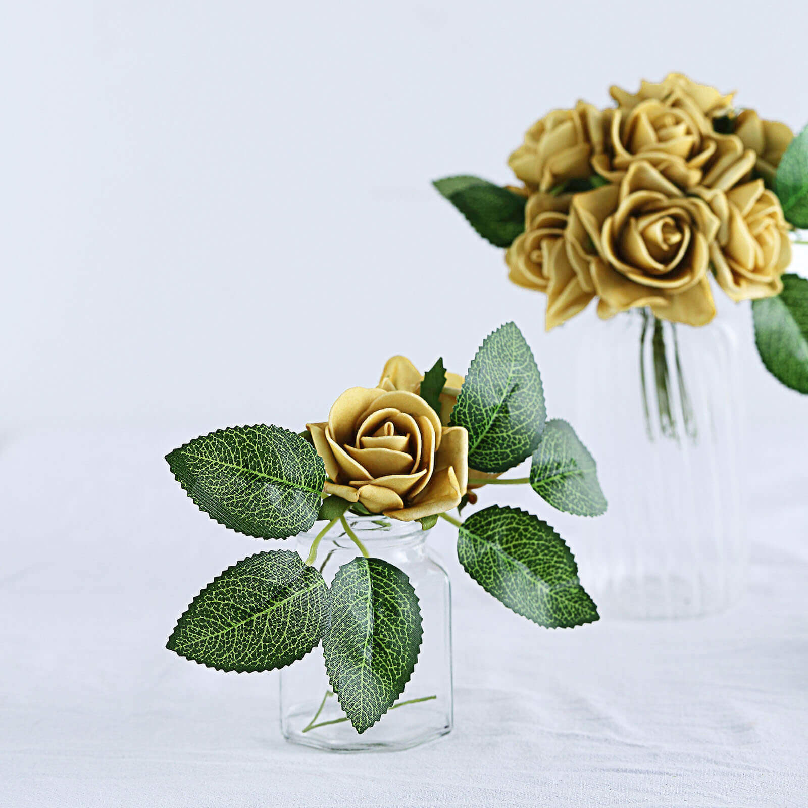 24 Roses 2 Gold Artificial Foam Flowers With Stem Wire and Leaves