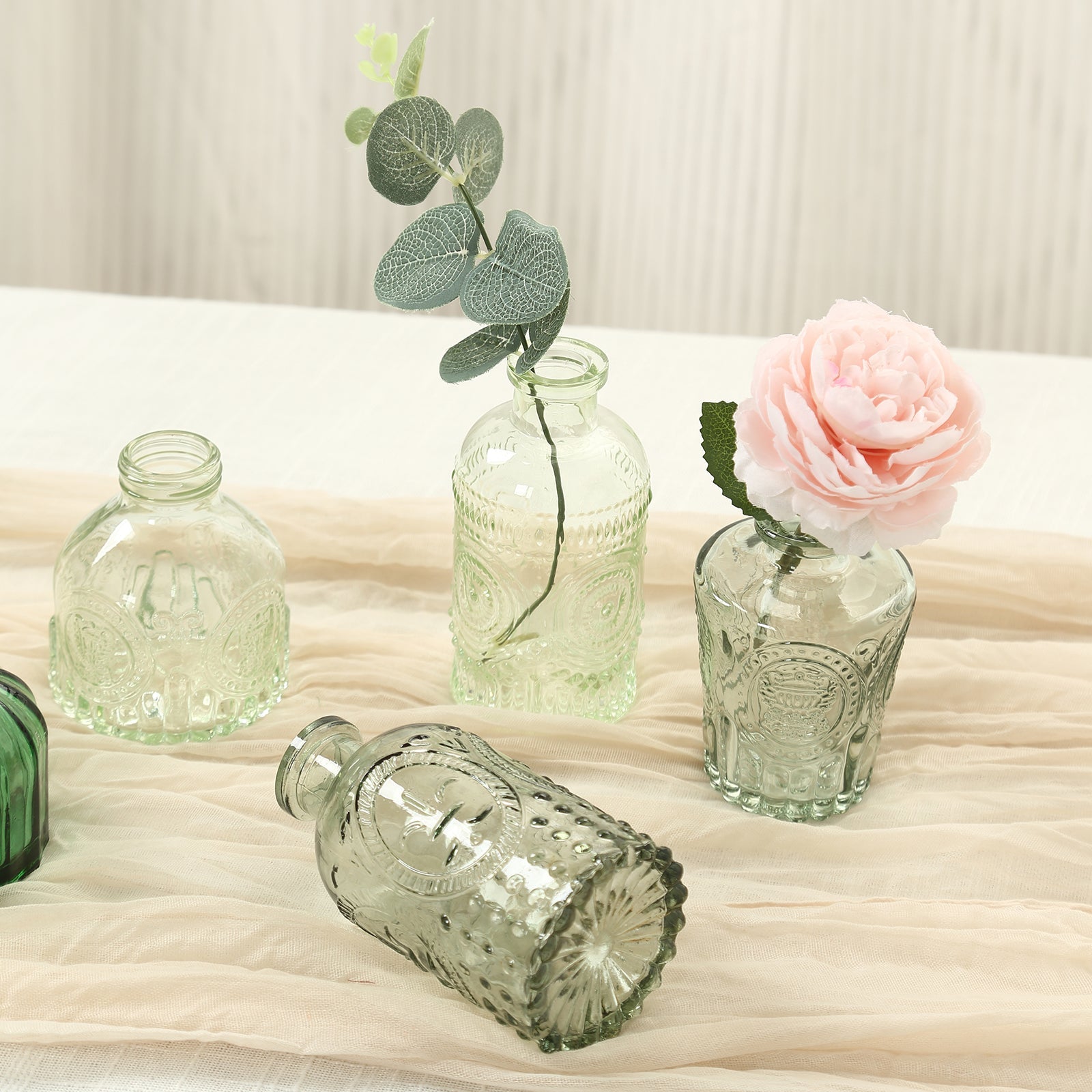 Set of 6 Embossed Glass Bud Vases Vintage Mixed Green - Apothecary Style Decorative Table Centerpieces