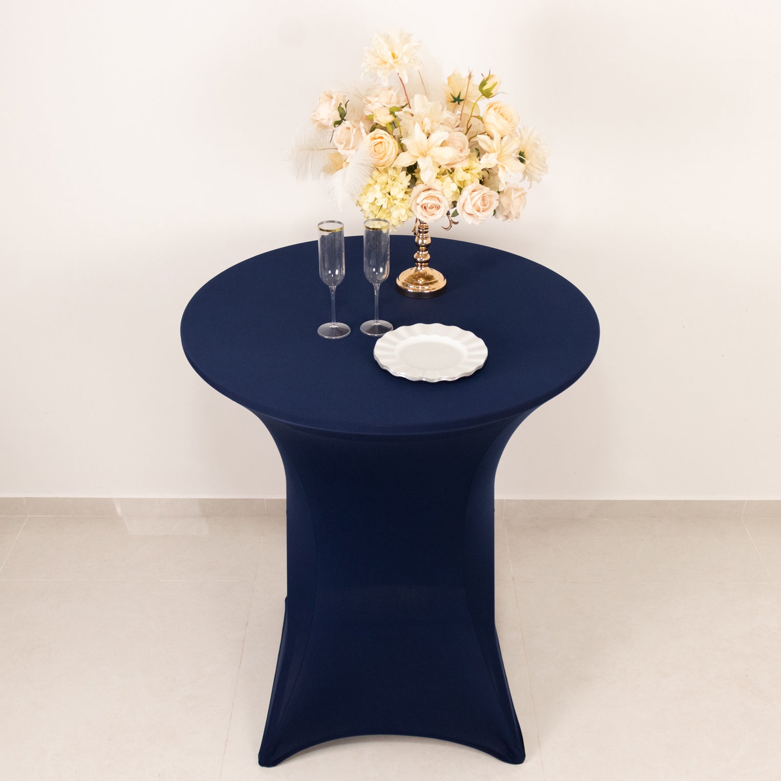 Spandex 33-36 Round Cocktail Table Cover Navy Blue - Easy to Maintain Stretch Fitted Highboy Tablecloth