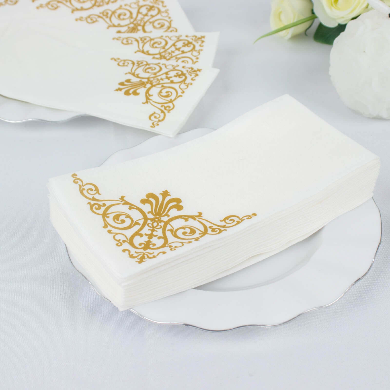 25 Pack White Linen-Feel Dinner Paper Napkins with Gold Fleur Vintage Print, Premium Cloth-Like Airlaid Disposable Napkins, Soft and Absorbent Guest Towels