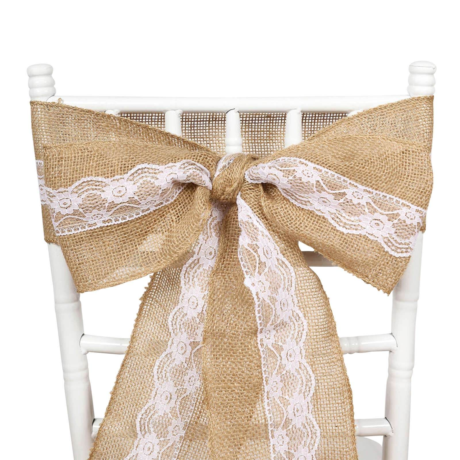 Natural Burlap Chair Sash 5x108 with Lace Hessian Jute - Rustic Bow Design for Weddings & Gatherings