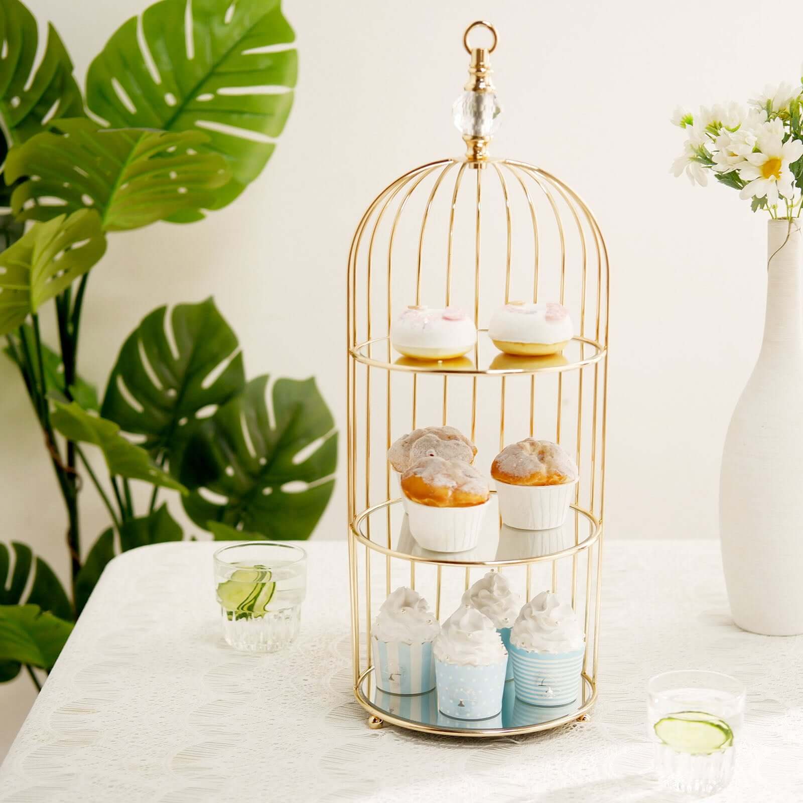 3-Tier Cupcake Cake Stand Bird Cage Design with Crystal Top Mirror Base - Serving Tray with Hanging Option 22