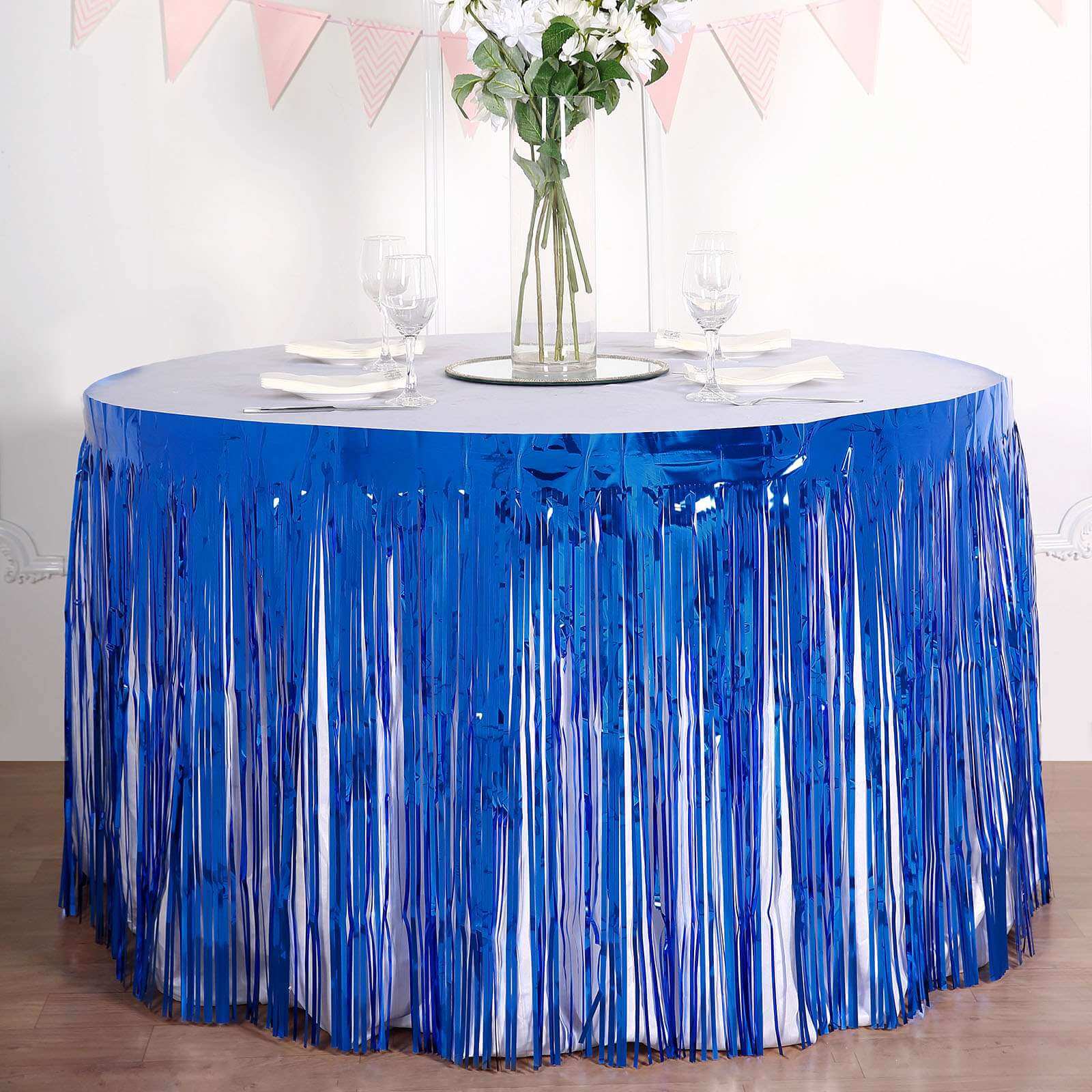 Metallic Foil Fringe Table Skirt Royal Blue with Self Adhesive Backing - Durable Tinsel Skirt for Parties 30x9ft