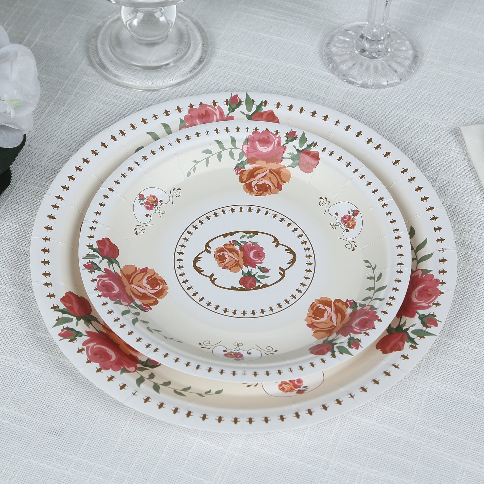 25-Pack Paper 7 Round Dessert Plates in Ivory with Vintage Rose Flower Print - Disposable Appetizer Salad Plates for Bridal Showers & Garden Luncheons