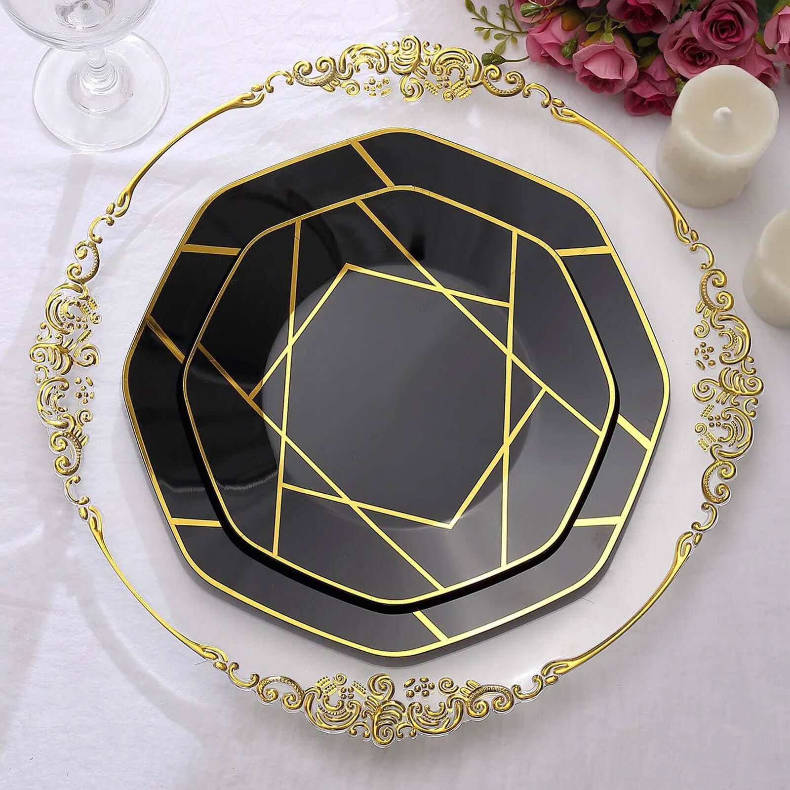 10-Pack Plastic 10 Octagon Dinner Plates in Black - Modern Disposable Party Plates with Gold Geometric Design for Special Occasions & Celebrations