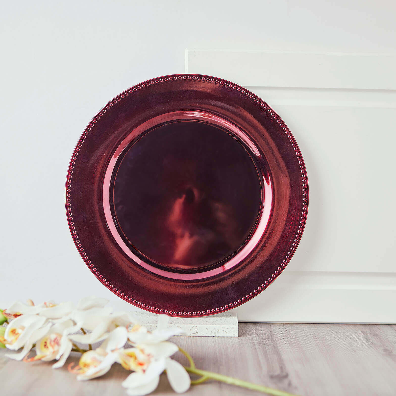 6-Pack Acrylic Round Charger Plates 13 in Burgundy with Beaded Rim, Dinner Charger Event Tabletop Decor