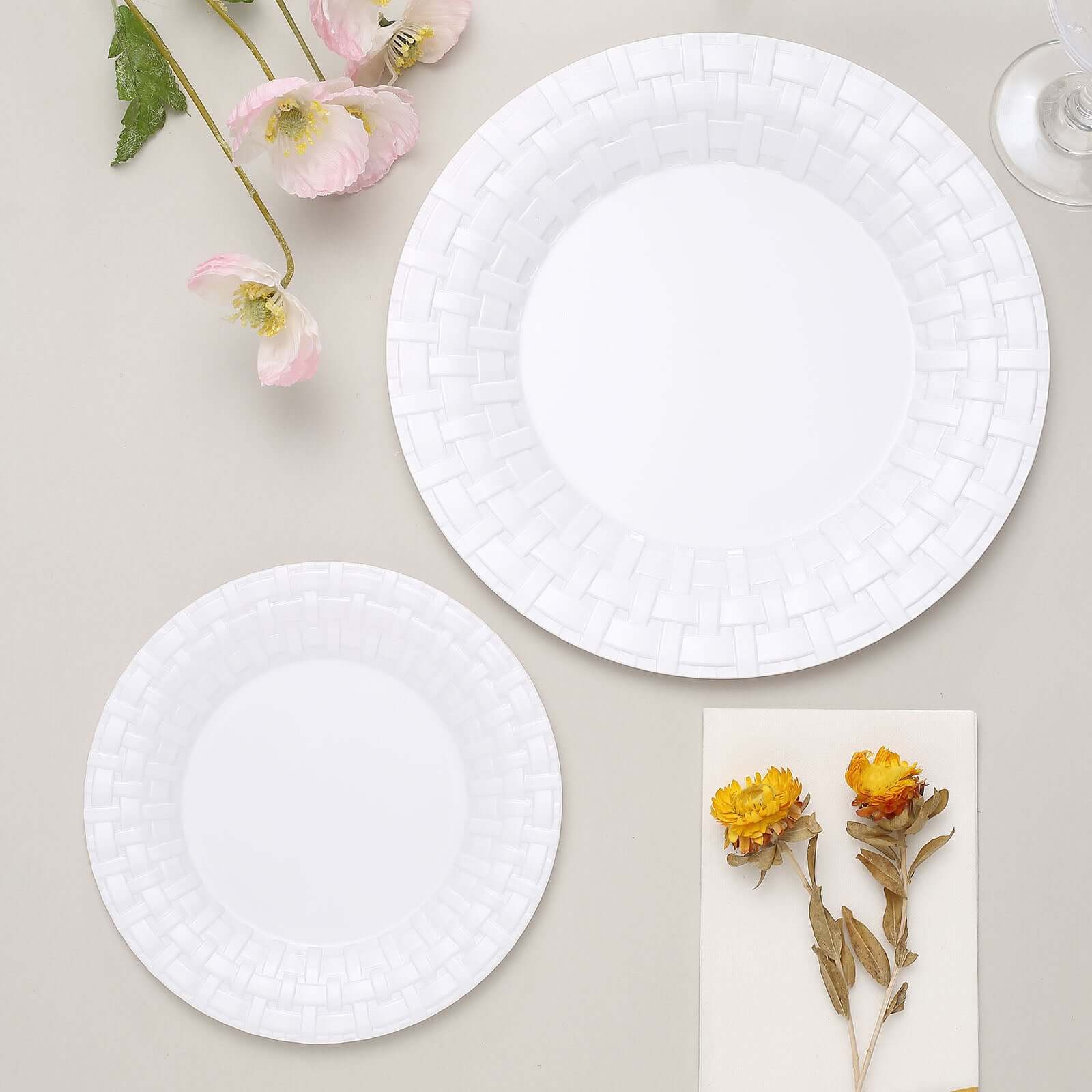 10 Pack 7 White Basketweave Rim Plastic Salad Dessert Plates, Round Disposable Appetizer Plates