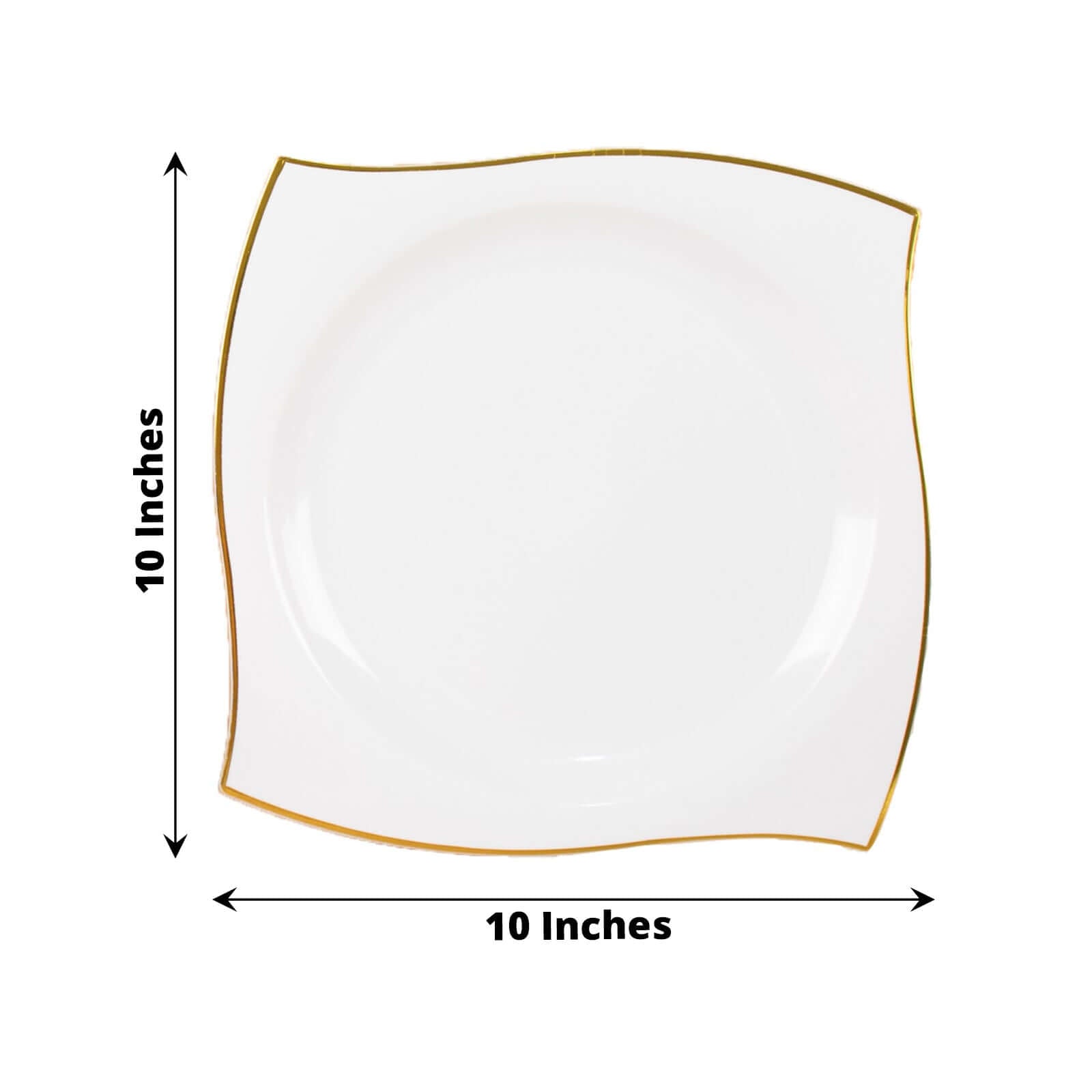 10-Pack Plastic 10 Square Dinner Plates in White with Gold Wavy Rim Modern - Disposable Party Plates for Luxe Events & Banquets