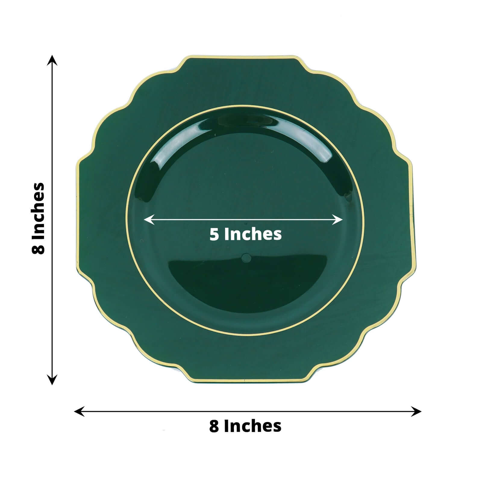 10 Pack 8 Hunter Emerald Green Hard Plastic Dessert Appetizer Plates, Disposable Tableware, Baroque Heavy Duty Salad Plates with Gold Rim