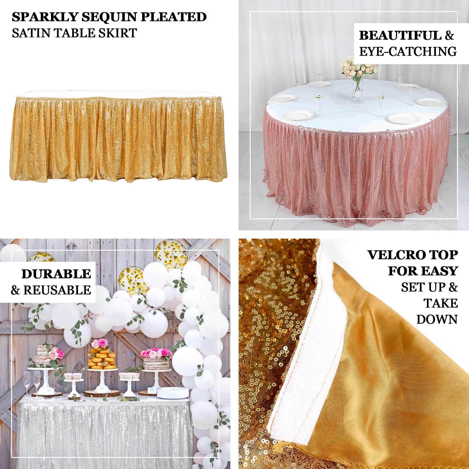 Sequin 17ft Table Skirt Gold - Pleated Satin With Top Velcro Strip - Glitzy Event Decoration