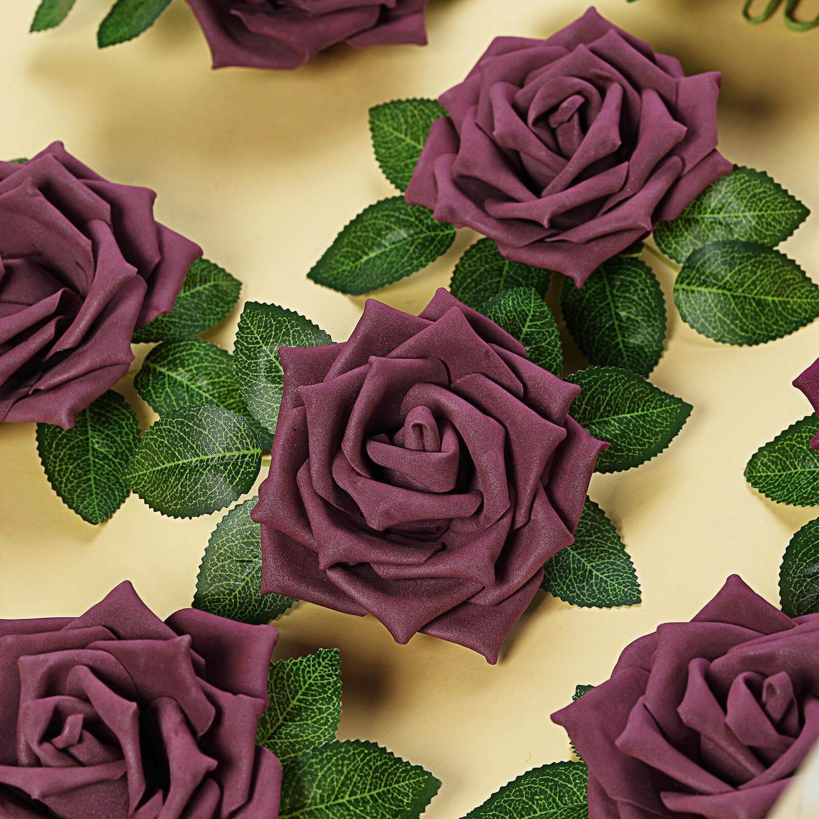 24 Roses 5 Eggplant Artificial Foam Flowers With Stem Wire and Leaves