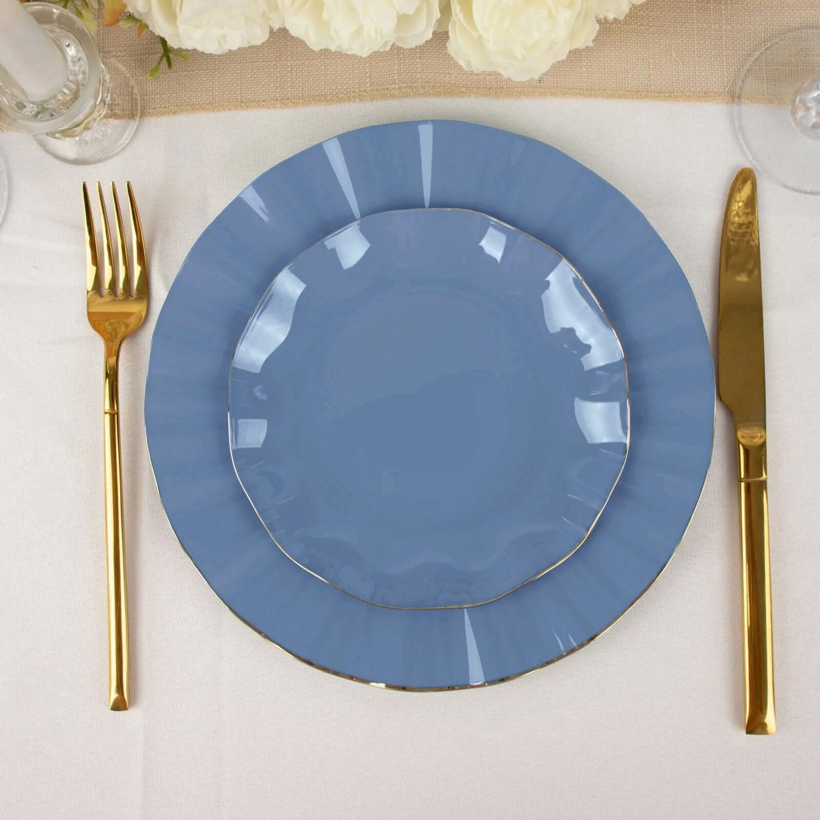 10-Pack Plastic Round 6 Dessert Plates in Ocean Blue Ruffled Rim with Gold Edging - Sturdy Disposable Salad Appetizer Dinnerware