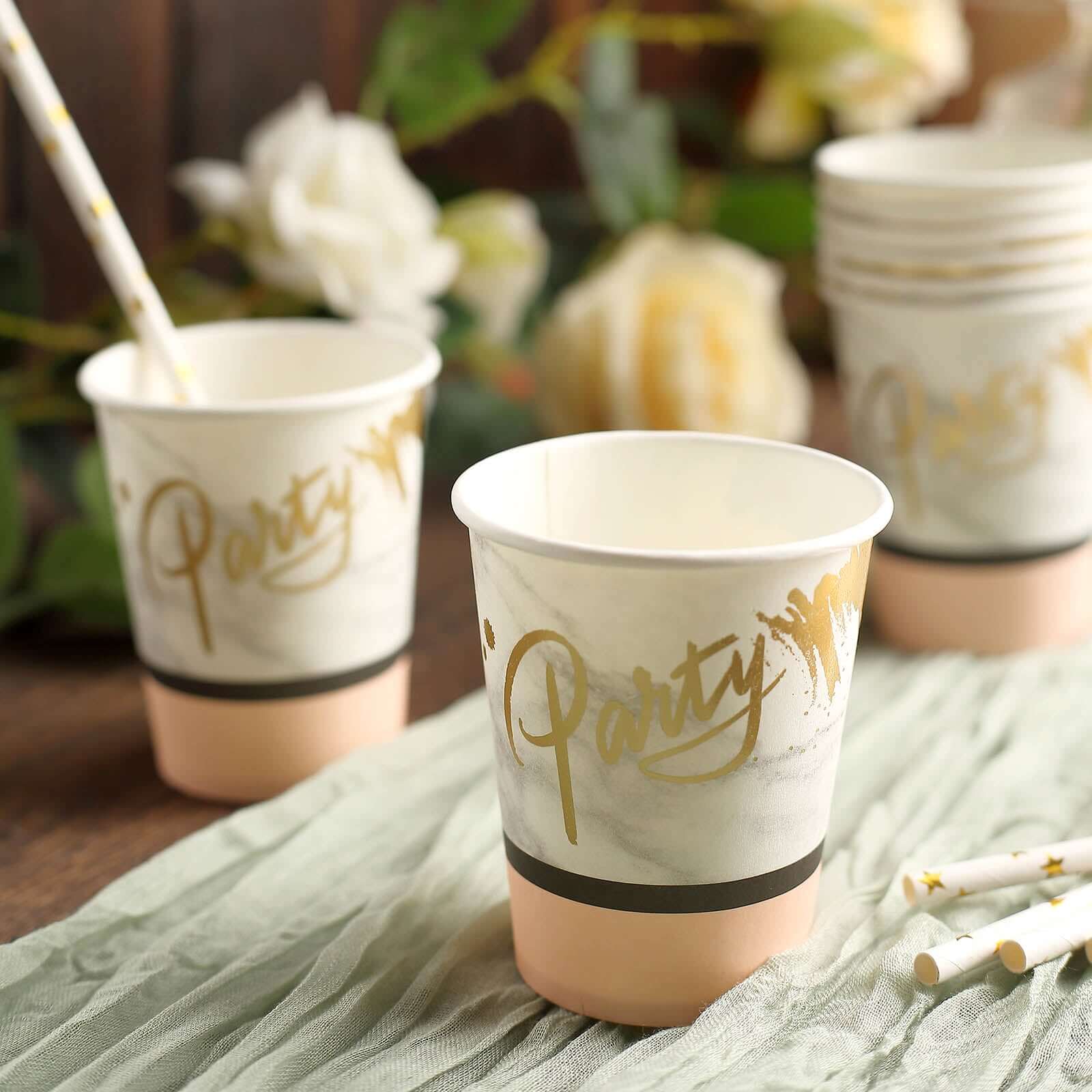 24-Pack Paper Cups in Blush with Marble Top - Stylish Disposable Party Cups for Hot & Cold Beverages 9oz