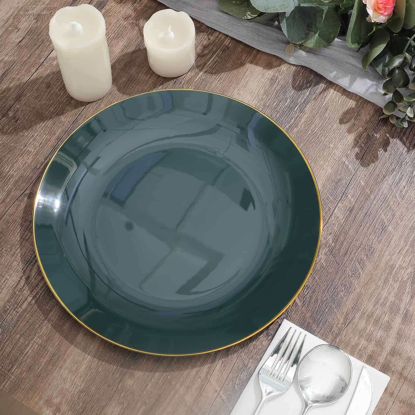 10-Pack Plastic 10 Round Dinner Plates in Hunter Emerald Green with Gold Rim - Glossy Disposable Party Plates