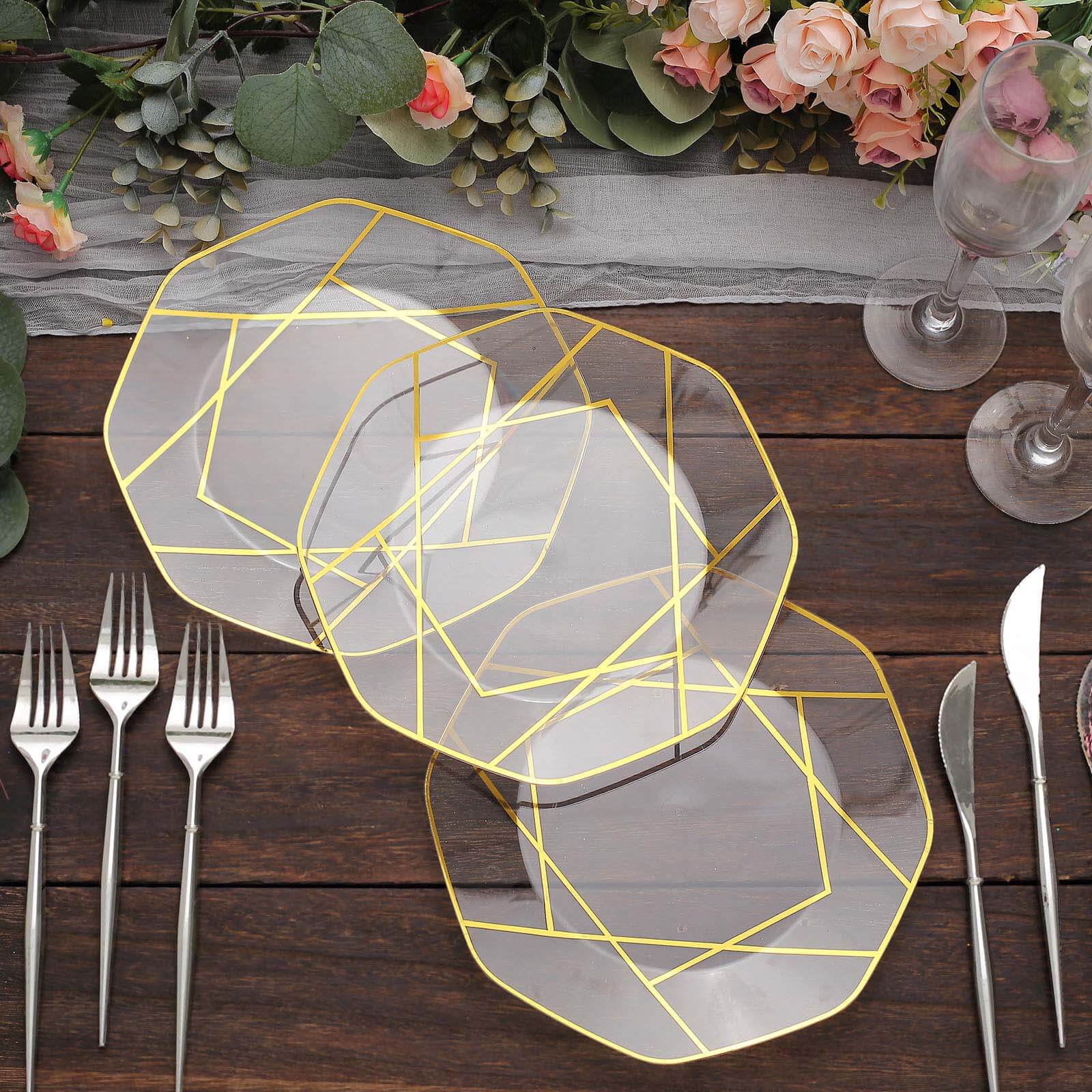 10-Pack Plastic 8 Octagon Dessert Plates in Clear - Modern Disposable Salad/Appetizer Plates with Gold Geometric Design for Special Occasions & Celebrations