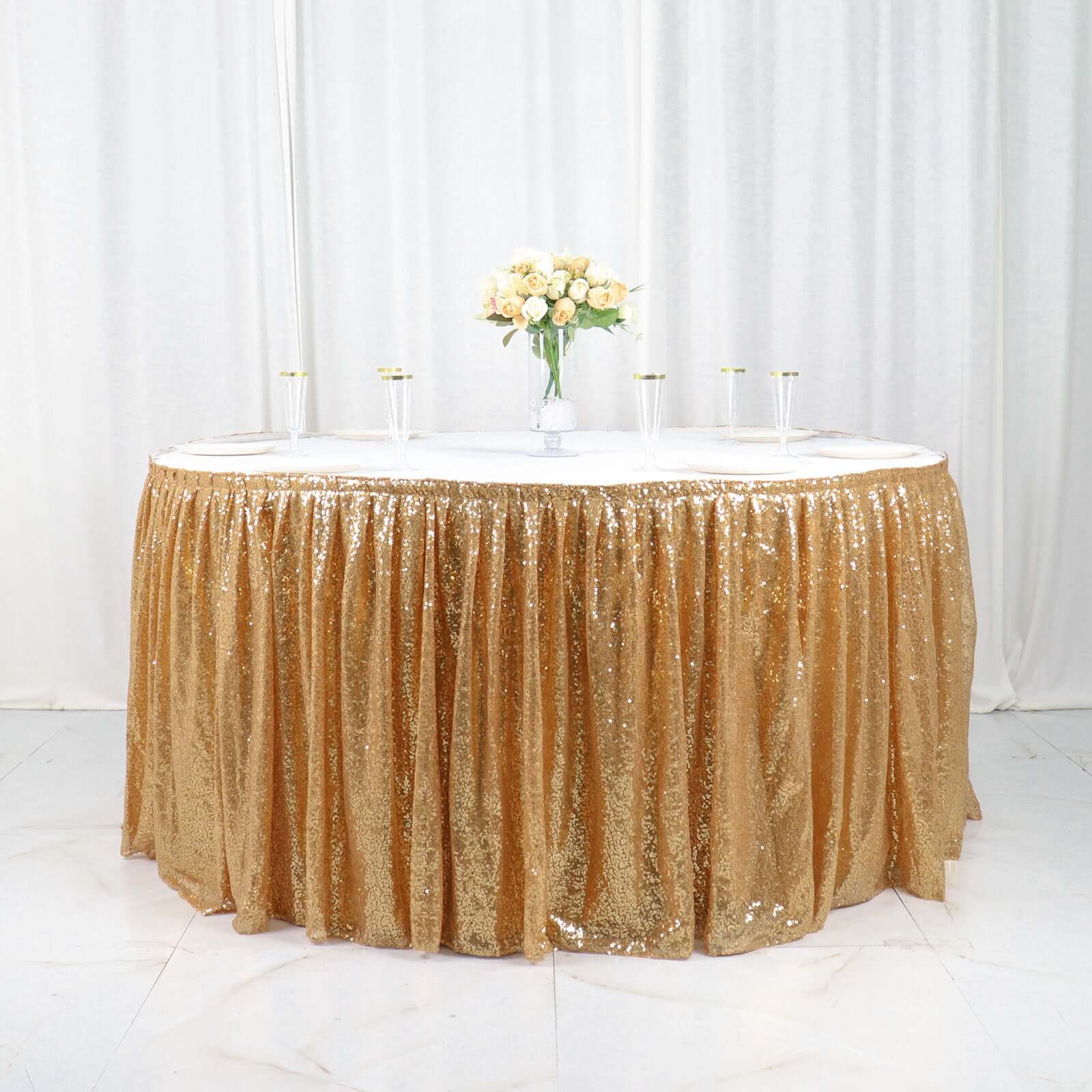 Sequin 17ft Table Skirt Gold - Pleated Satin With Top Velcro Strip - Glitzy Event Decoration