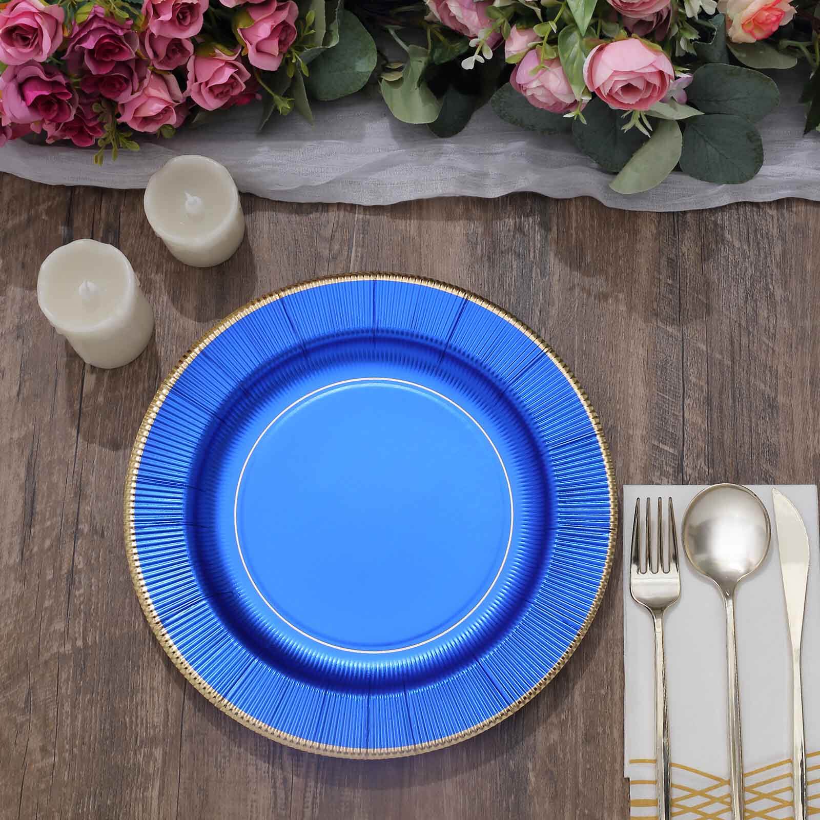 25-Pack Paper 10 Round Dinner Plates in Royal Blue Sunray Design with Gold Rim - Disposable Heavy Duty 350GSM Party Plates
