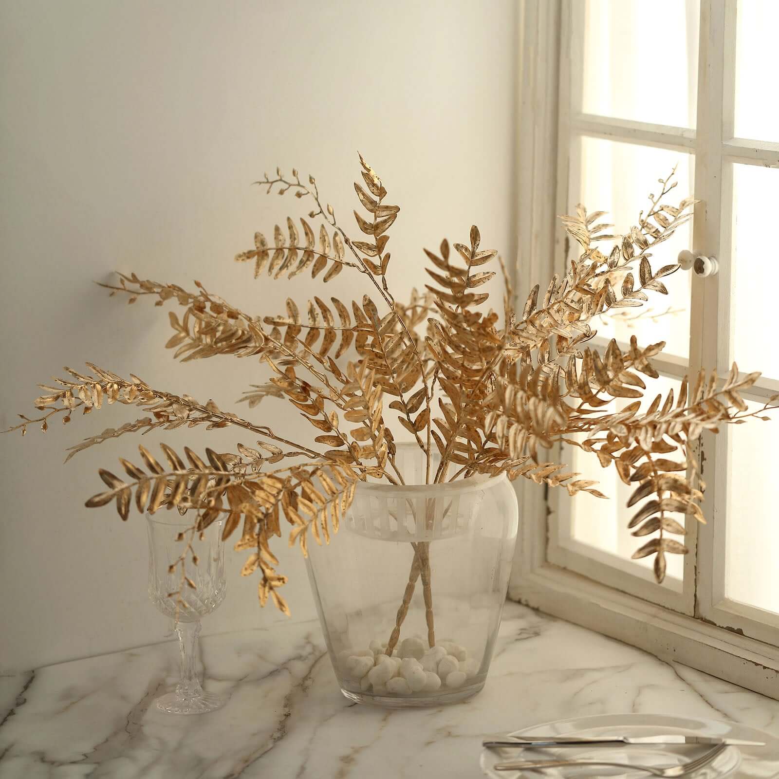 2-Pack Artificial Fern Leaf Branches Metallic Gold - Faux Decorative Bouquets for Glamorous Centerpiece Backdrop & Floral Decor 21