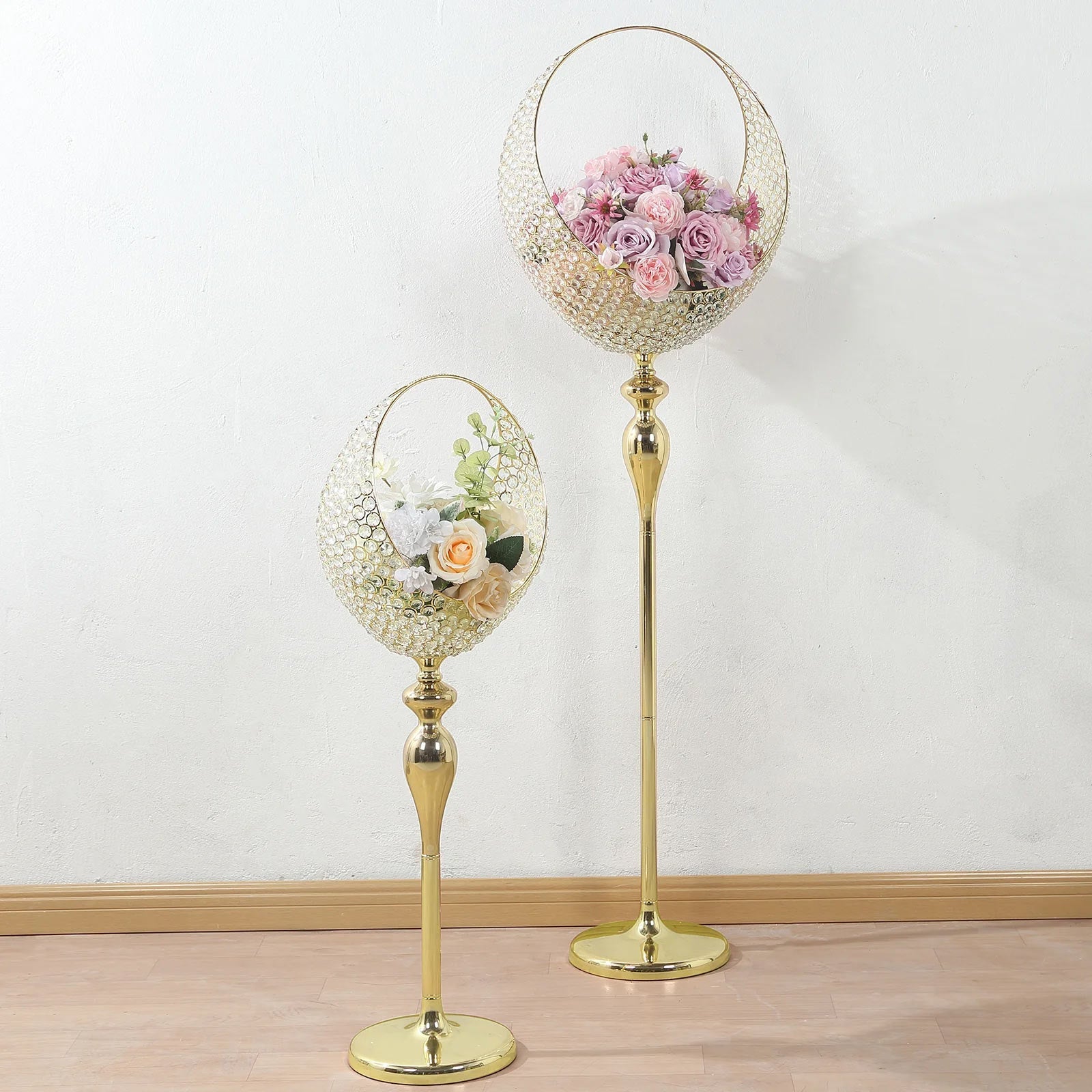 Metal Crystal Beaded Candle Holder Stand, Half Moon Basket Design Gold Wedding Flower Centerpiece with Round Stable Base 4.5ft Tall