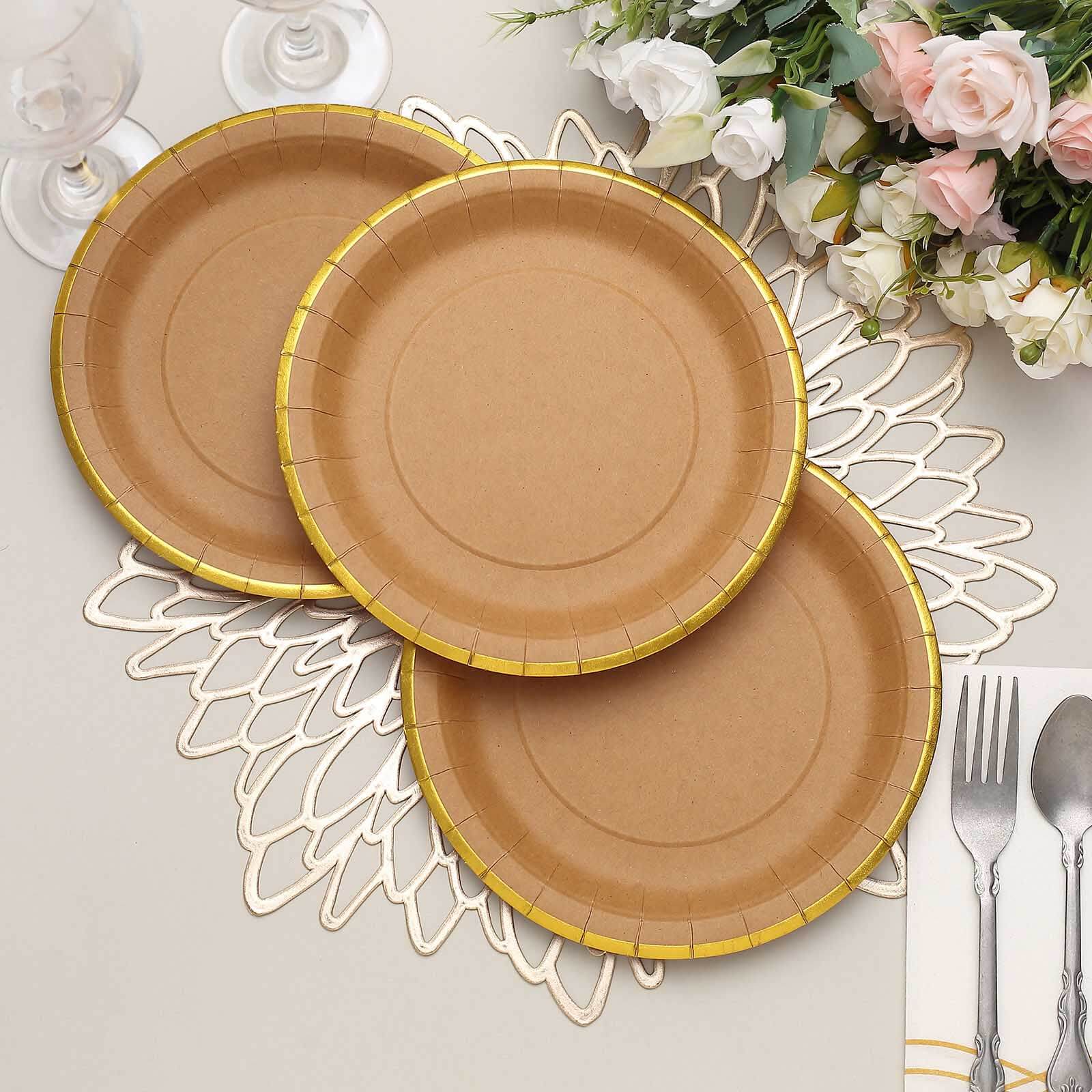 25-Pack Kraft Paper 8 Round Dessert Plates in Natural Brown with Gold Lined Rim - Disposable Salad Appetizer Plates for Rustic & Vintage Inspired Events