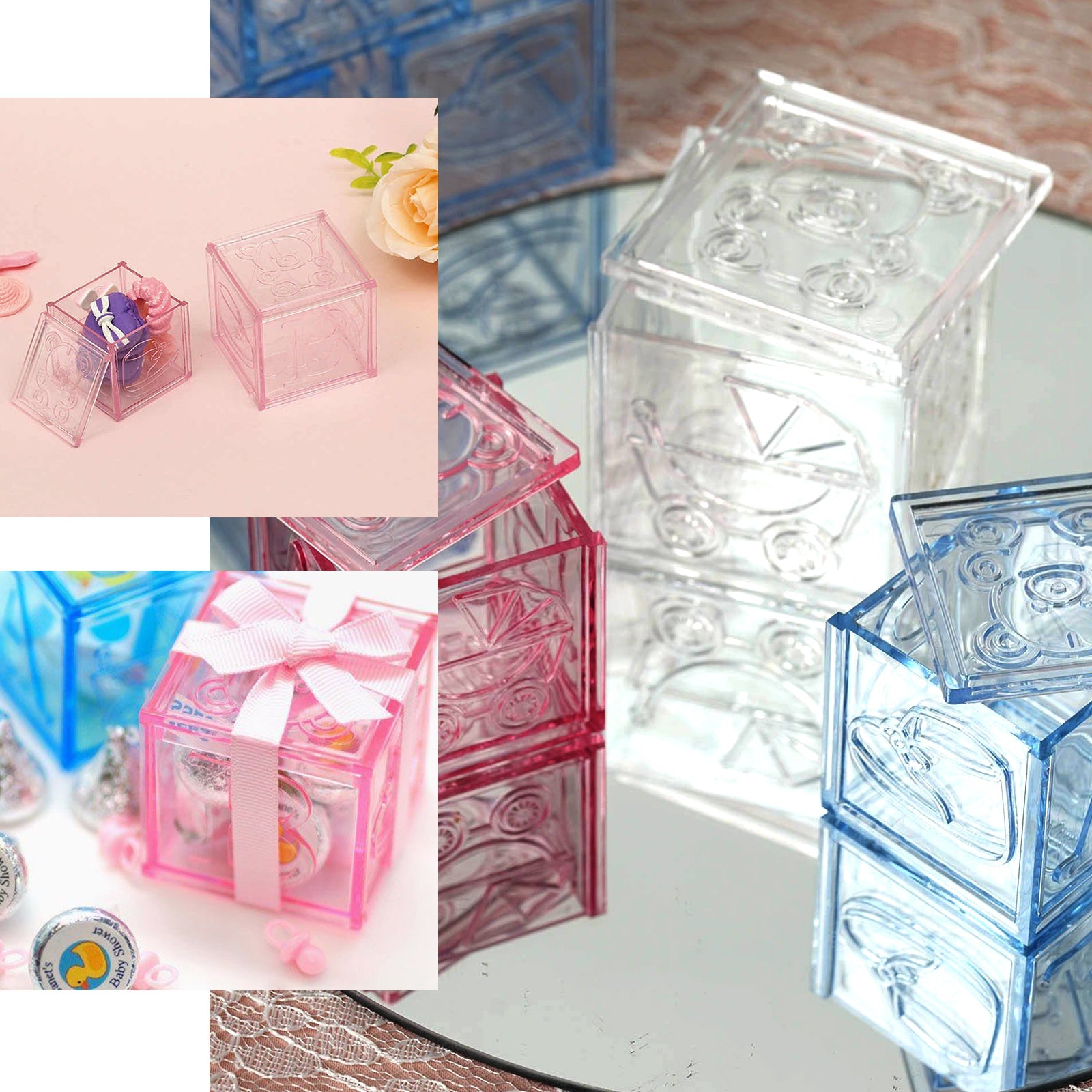 12 Pack 2 Pink Fillable Plastic Baby Shower Candy Gift Boxes, Transparent Baby Blocks Favor Boxes