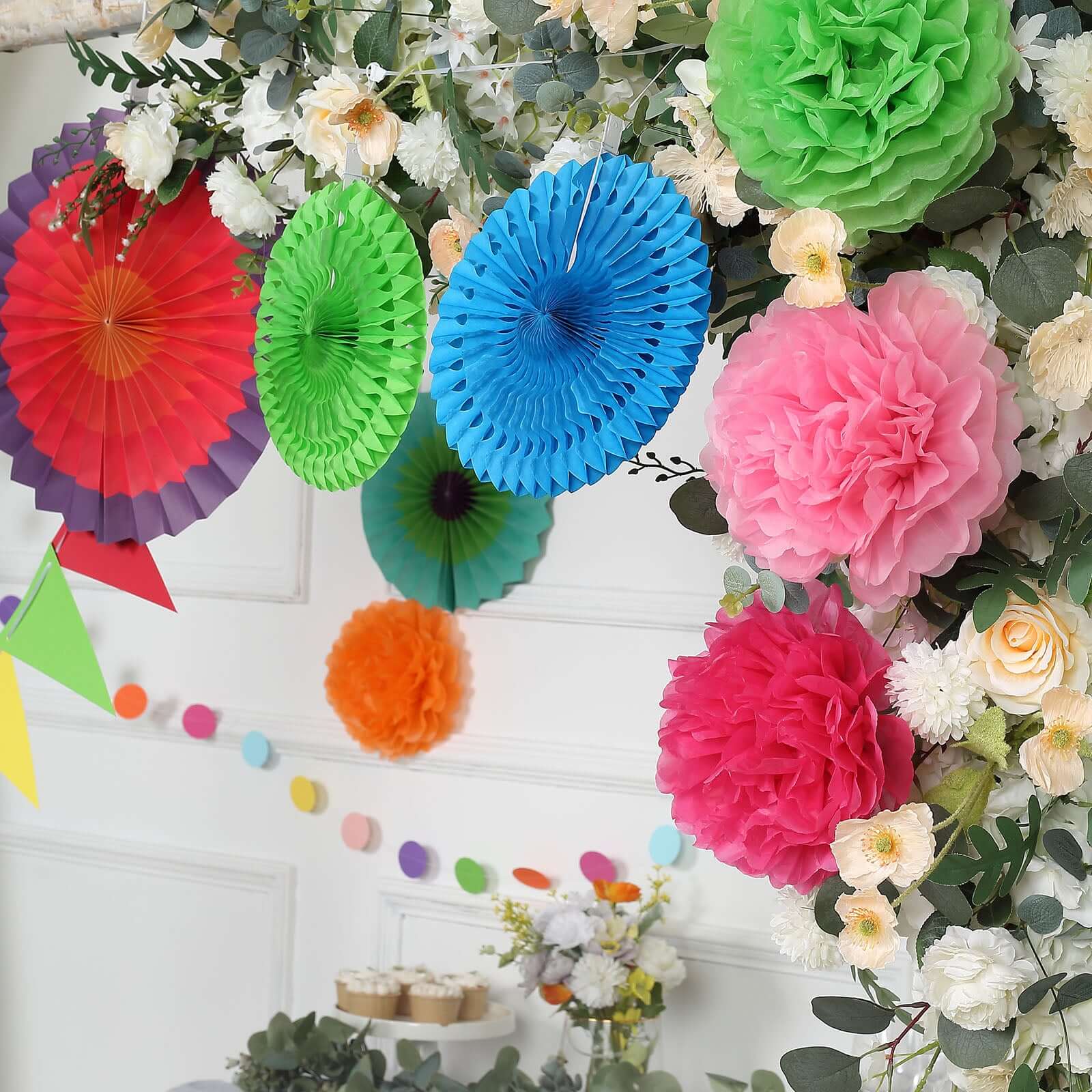 20Pcs Colorful Hanging Fiesta Themed Party Decorations Set, Paper Fans, Pom Pom Flowers, Polka Dot and Bunting Flag Garlands Included