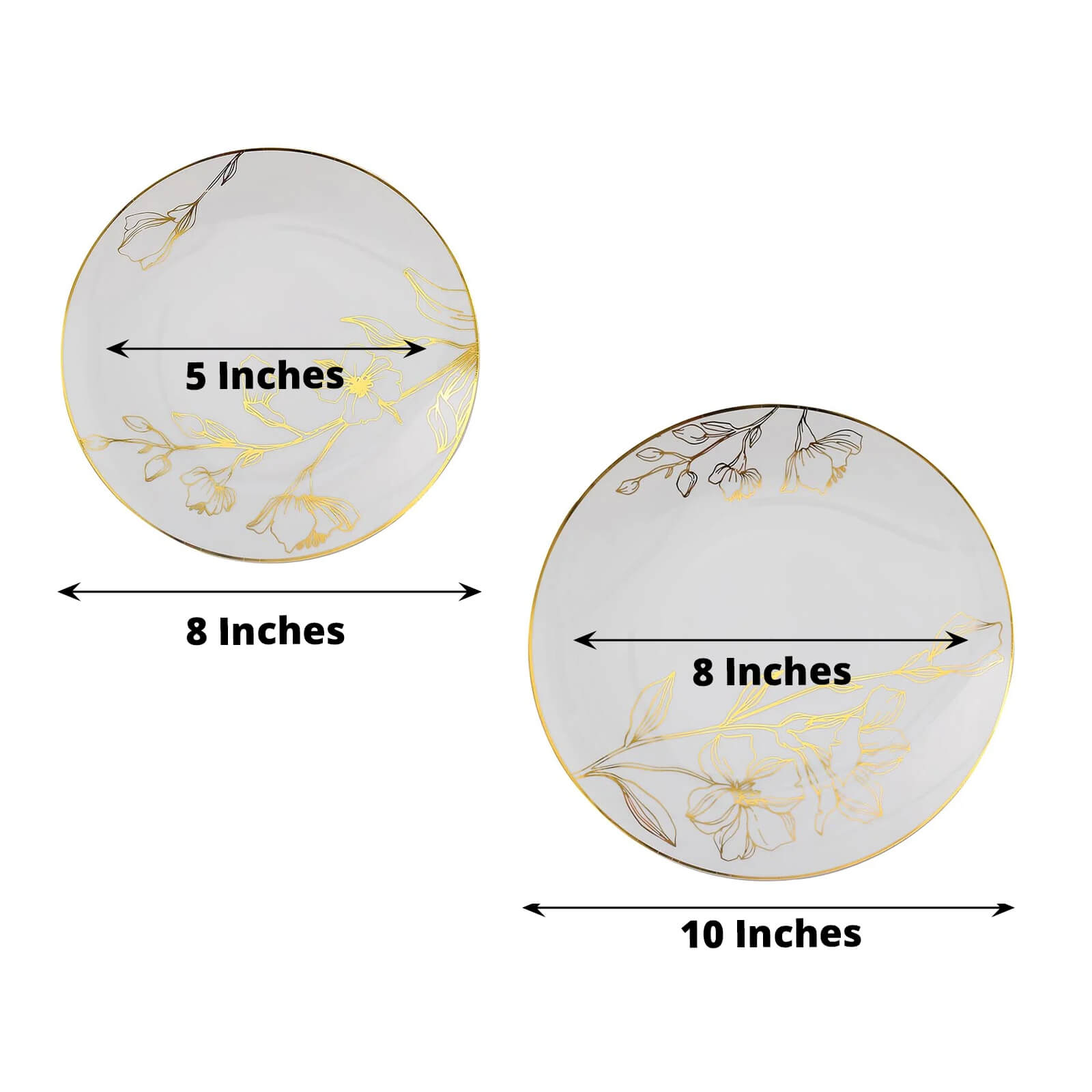 Set of 20 Plastic Round Dinner and Dessert Plates in White with Metallic Gold Floral Design - Stylish Disposable Dinnerware for Banquets & Special Occasions 8, 10