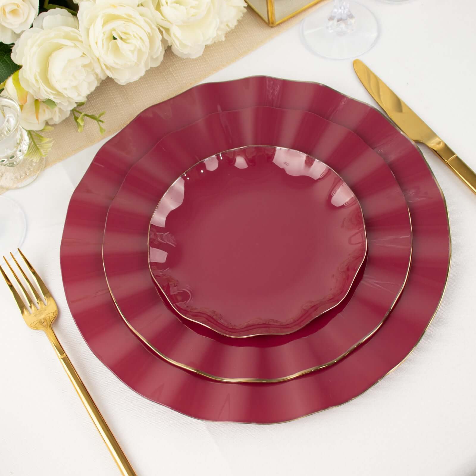 10-Pack Plastic Round 6 Dessert Plates in Burgundy Ruffled Rim with Gold Edging - Sturdy Disposable Salad Appetizer Dinnerware