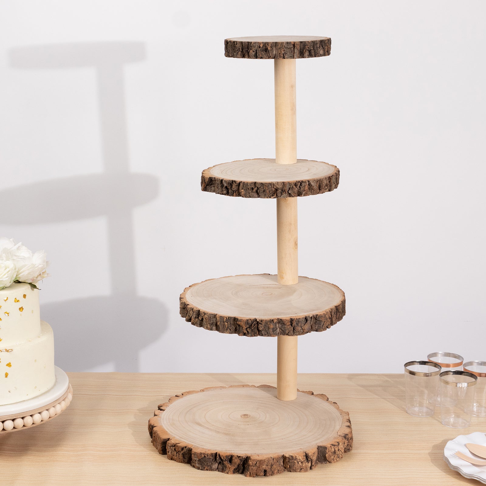 4-Tier Wooden Cupcake Tower Stand Rustic Natural Wood Slice Design - Farmhouse Style Dessert Display 29