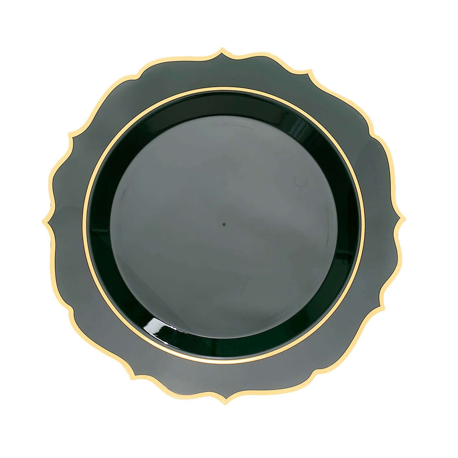 10-Pack Plastic 8 Round Desert Plates in Hunter Emerald Green with Gold Scalloped Rim - Disposable Appetizer/Salad Plates