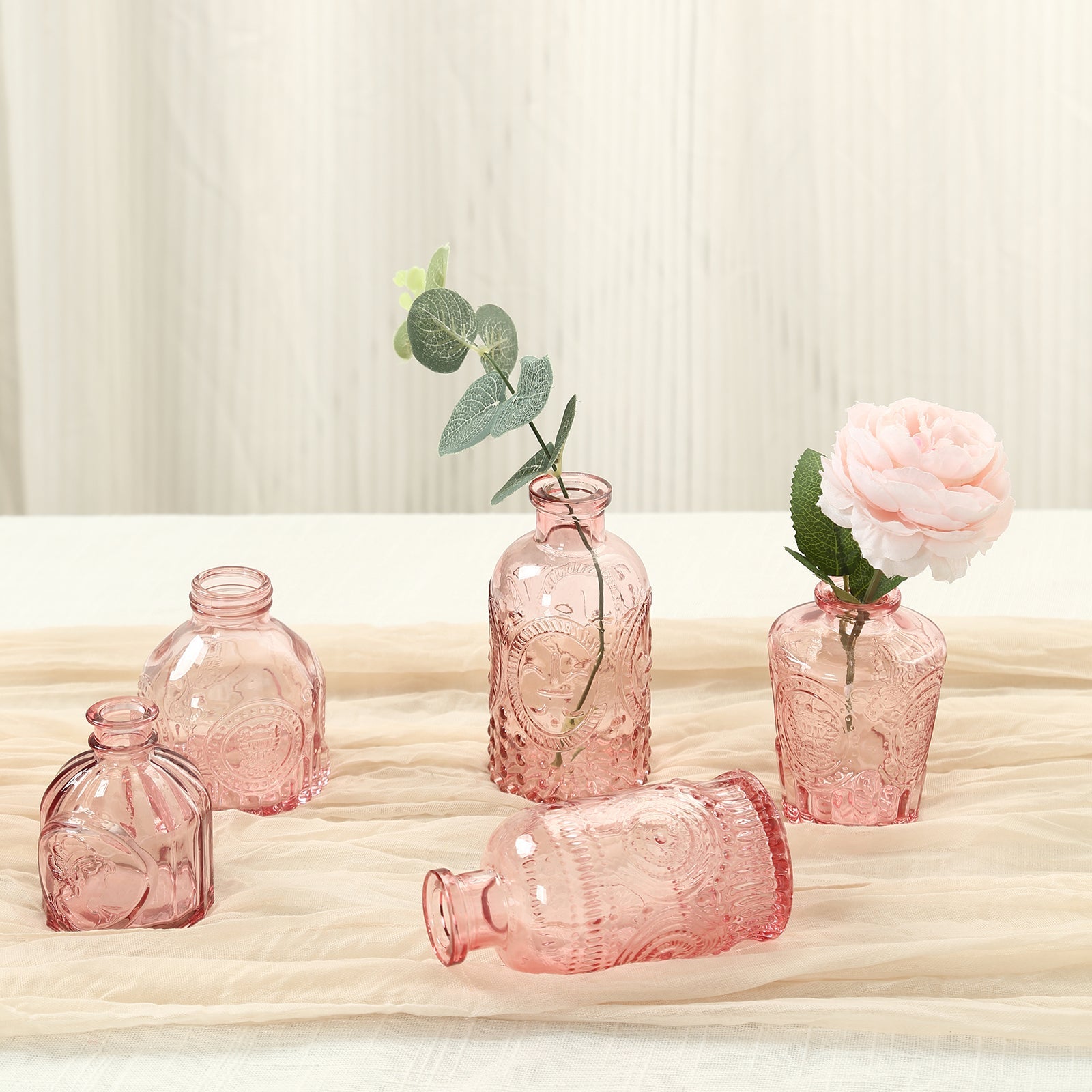 Set of 6 Embossed Glass Bud Vases Vintage Dusty Rose - Apothecary Style Decorative Table Centerpieces