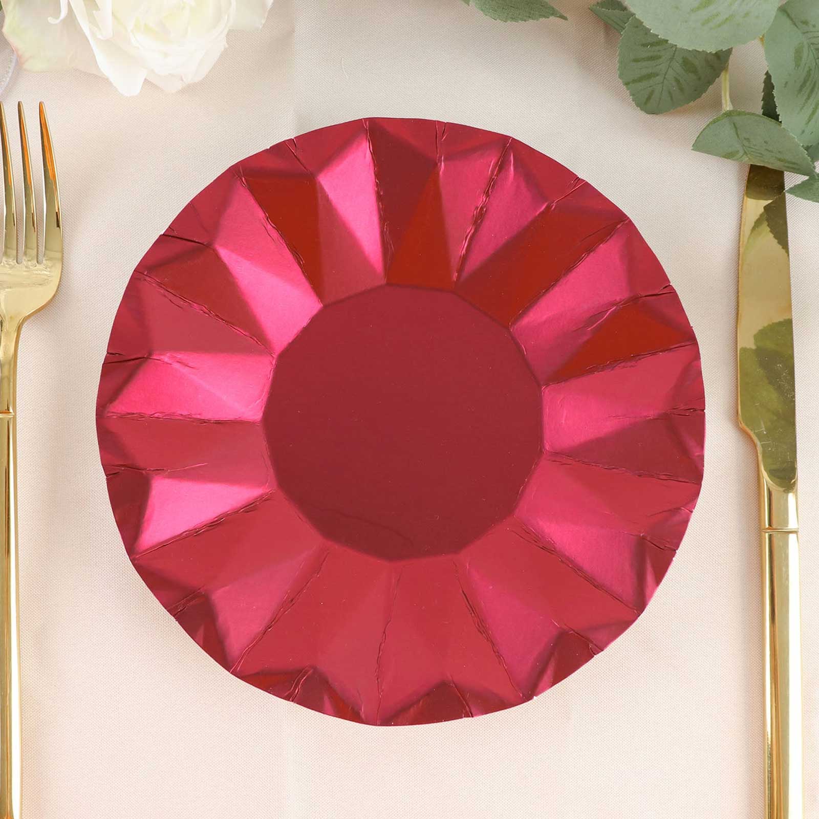 25-Pack Paper 7 Round Dessert Plates in Burgundy with Geometric Prism Rim - Disposable 400GSM Appetizer Salad Plates