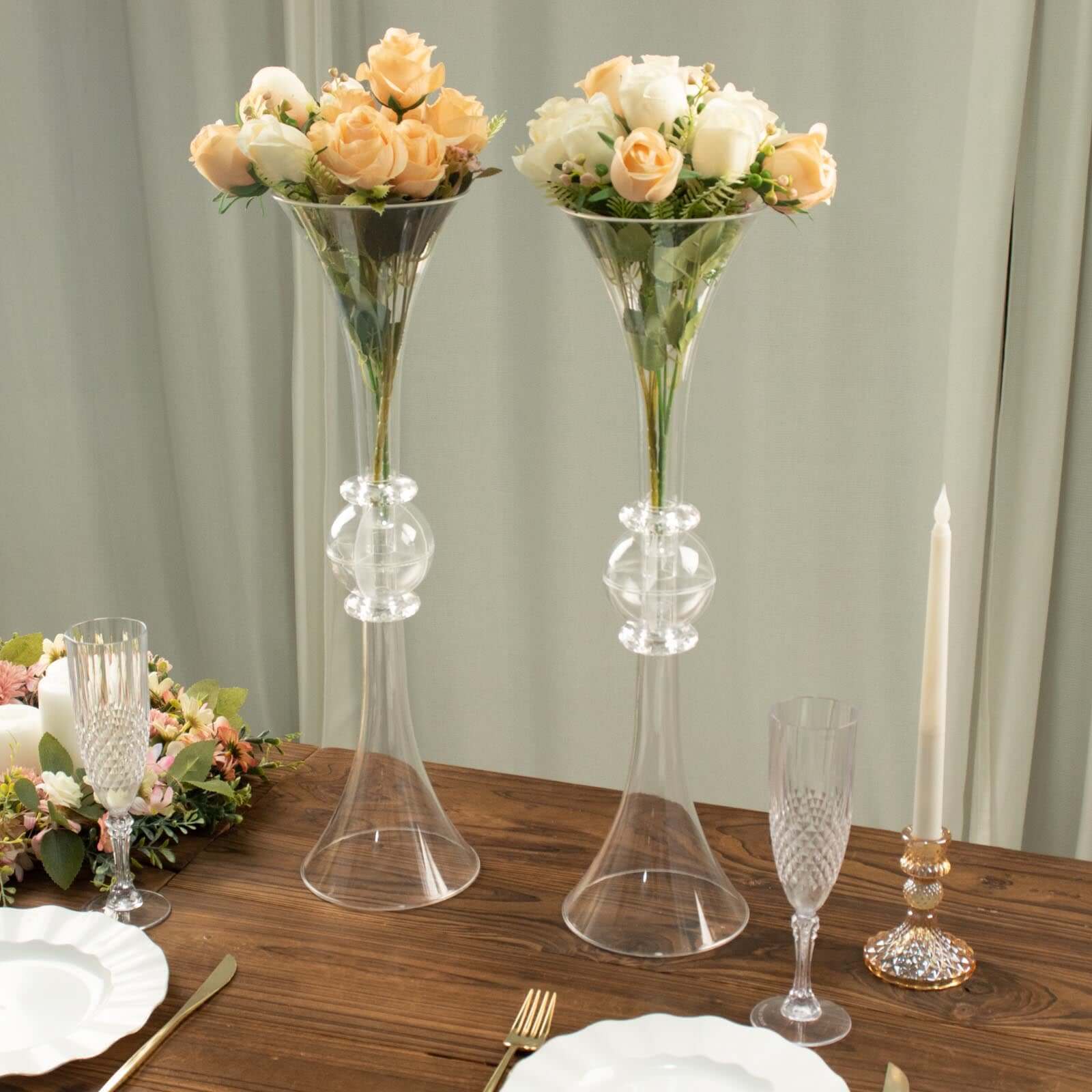 2-Pack Flower Vases Trumpet Design with Crystal Embellishments Clear - Reversible Plastic Table Centerpieces 21