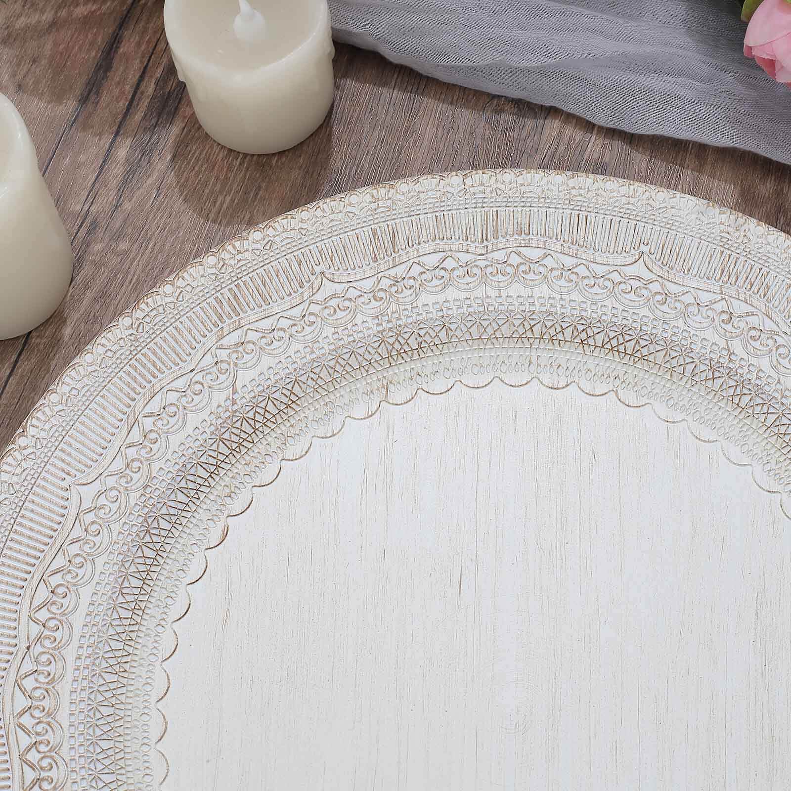 6-Pack Acrylic Round Charger Plates 13 in White with Lace Embossed Rim, Rustic Plastic Decorative Charger Tableware