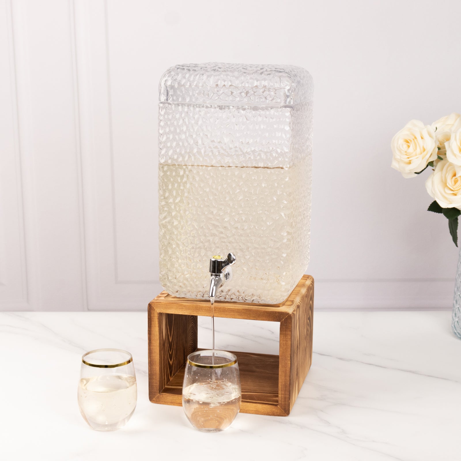 Gallon Clear Hammered Glass Beverage Dispenser, Rectangular Juice Jar with Wooden Stand and Lid - Lead-Free Countertop Feature 19