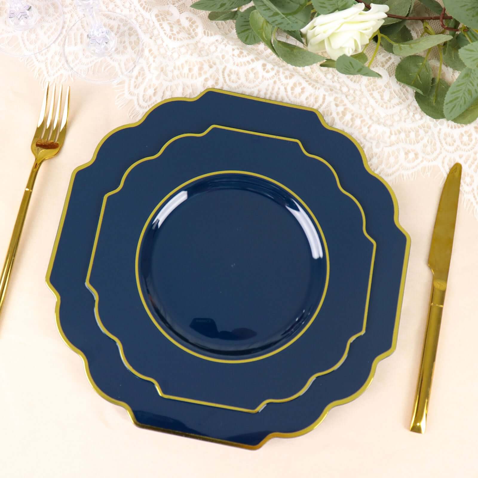 10-Pack Plastic Dinner Plates in Navy Blue Baroque Design with Scalloped Gold Rim - Heavy Duty Disposable Party Plates 11