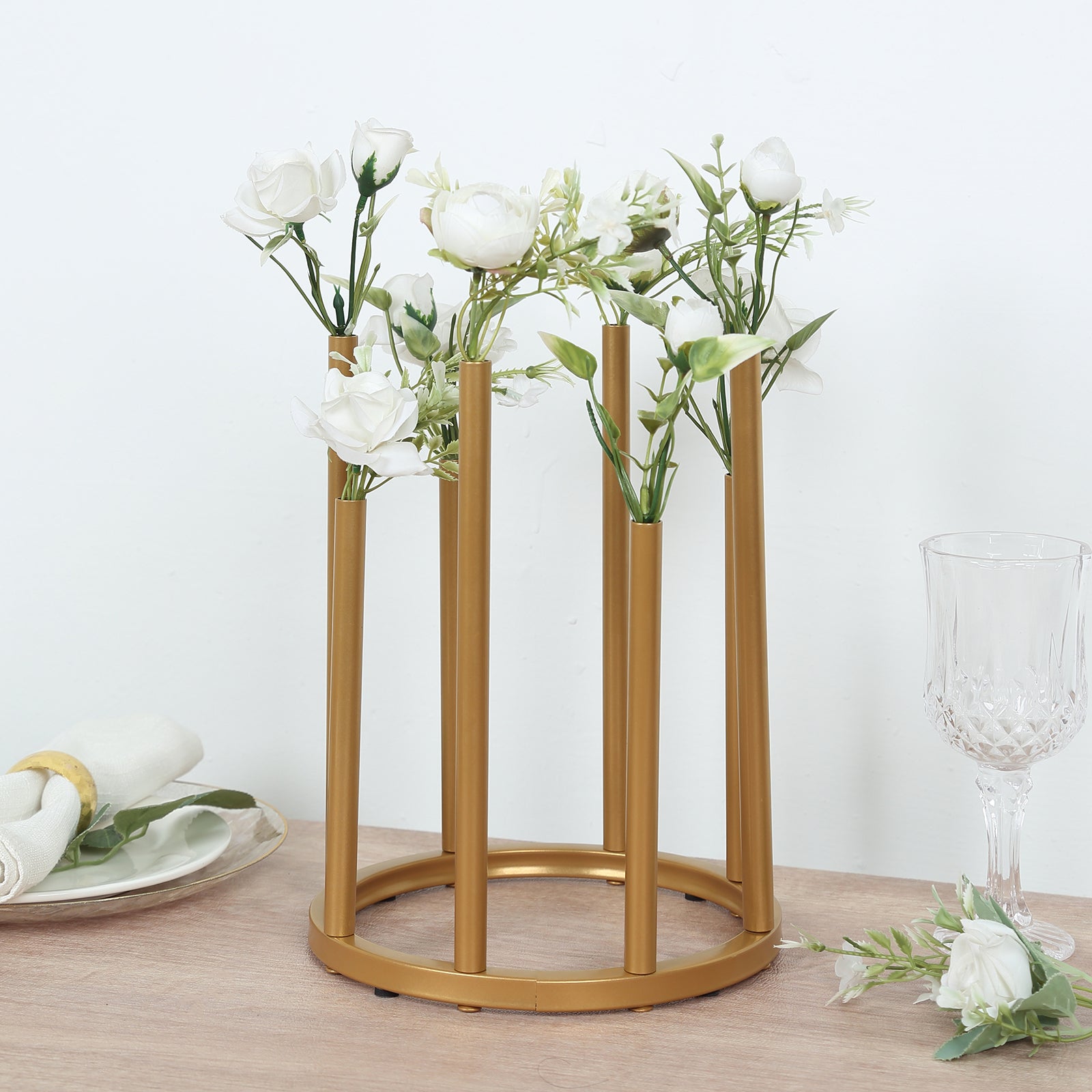 Flower Vase Gold Metal Minimalist 8-Tubes Round Base Design - Single Stem Bud Centerpiece for Arrangements 10