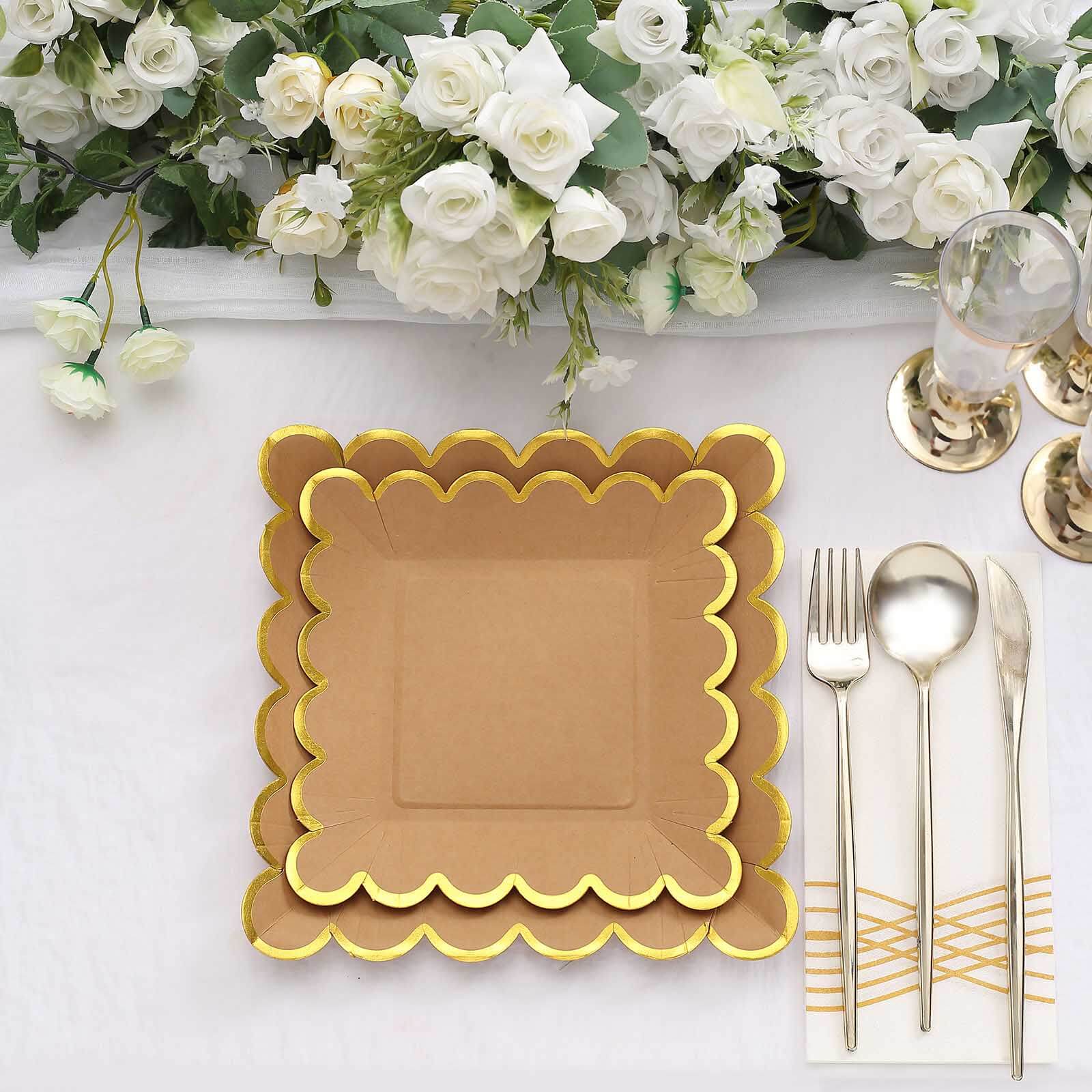 25-Pack Paper 9 Square Dinner Plates in Natural Brown with Gold Scalloped Rim - Disposable Party Plates for Rustic Gatherings & Chic Events