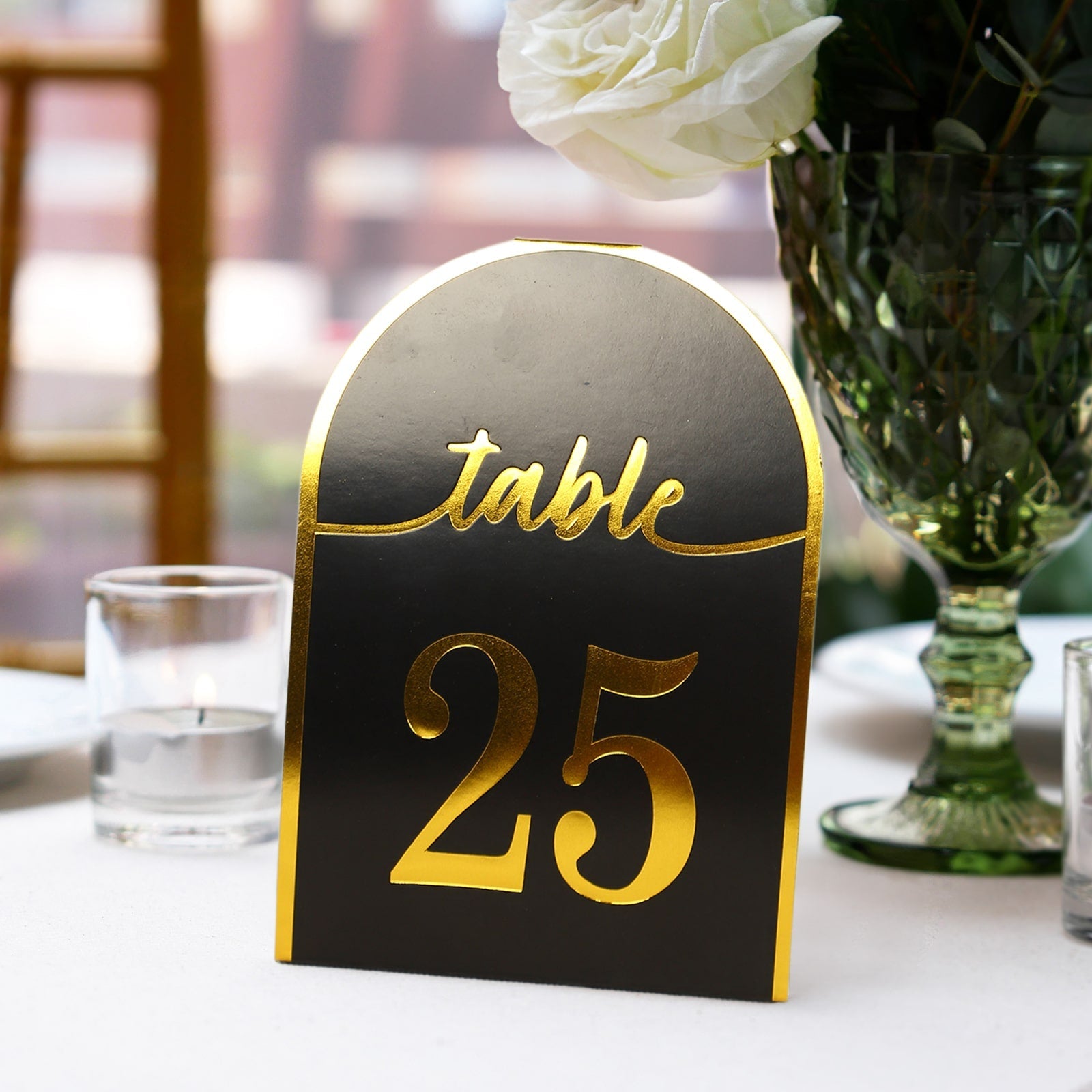 25-Pack Paper Wedding Table Numbers 1-25 Black Arch Cutout Design - Sleek & Modern Free Standing Double Sided Table Tent Cards with Metallic Gold Foil Numbers 7