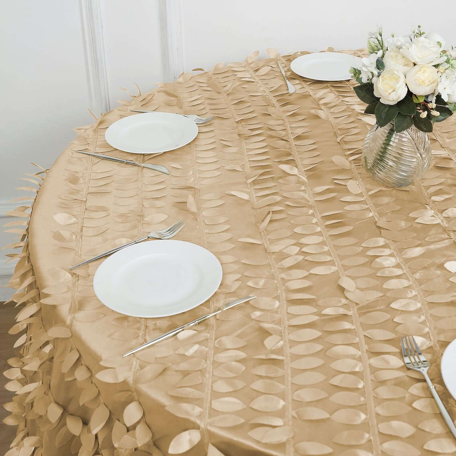 Taffeta 120 Round Tablecloth Champagne 3D | 3D Leaf Petal Design Seamless Table Cover