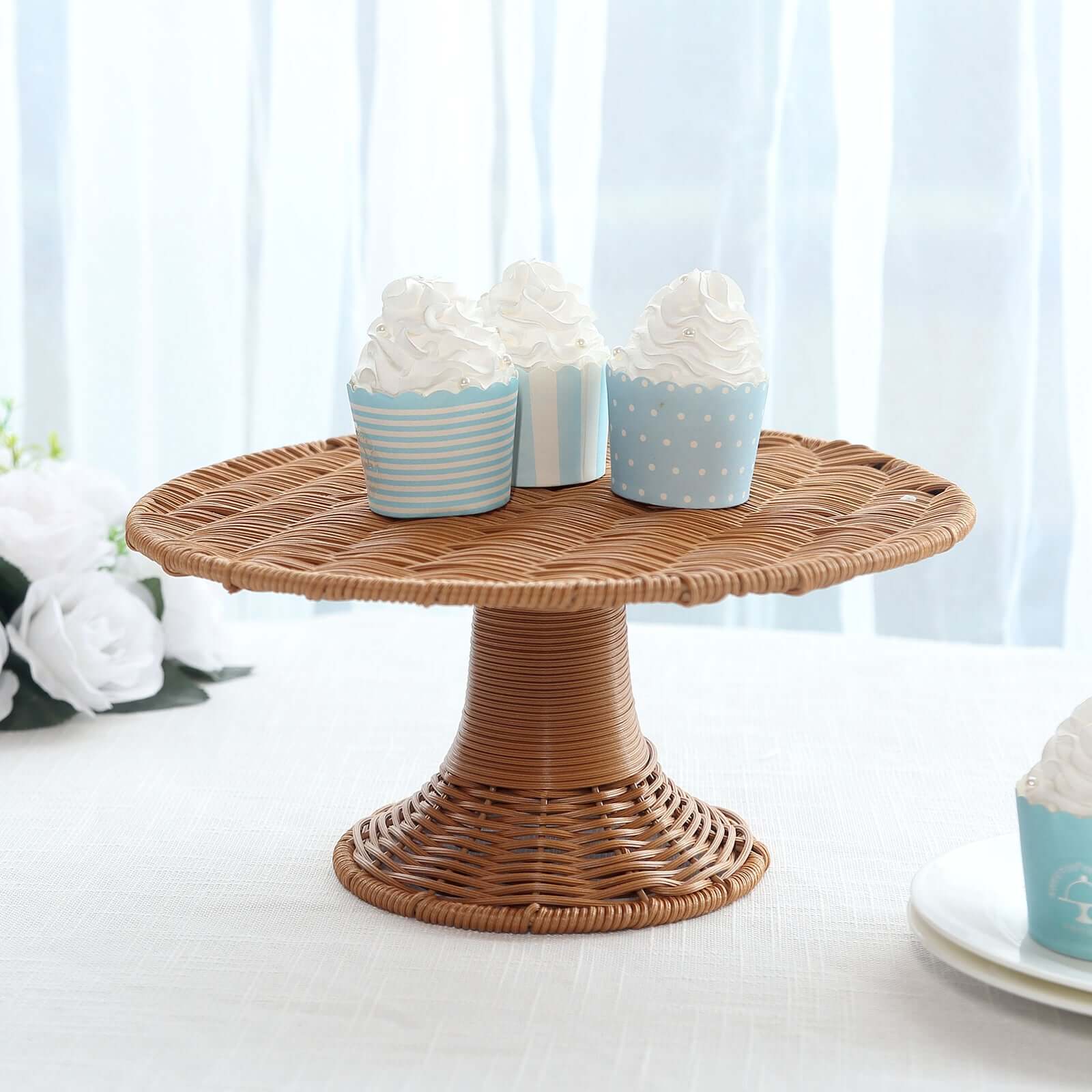 Plastic Round Rattan Wicker Pedestal Cake Stand Natural - Reusable Rustic Cupcake Holder Dessert Table Display Centerpiece for Home Parties & Events 12