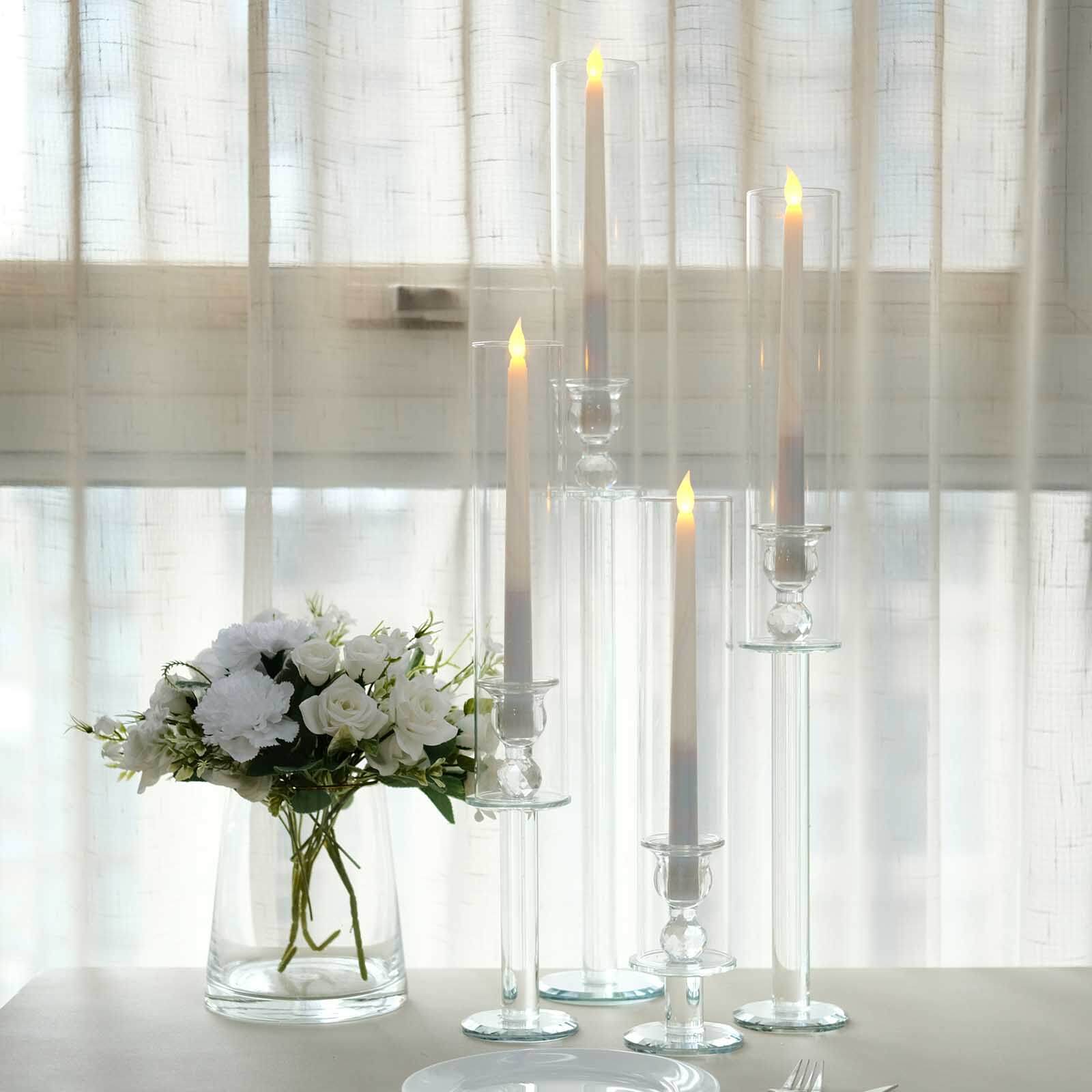 Set of 4 Crystal Glass Hurricane Taper Candle Holders, Decorative Tall Candle Stands Clear Cylinder Chimney Tubes 14, 18, 22, 26