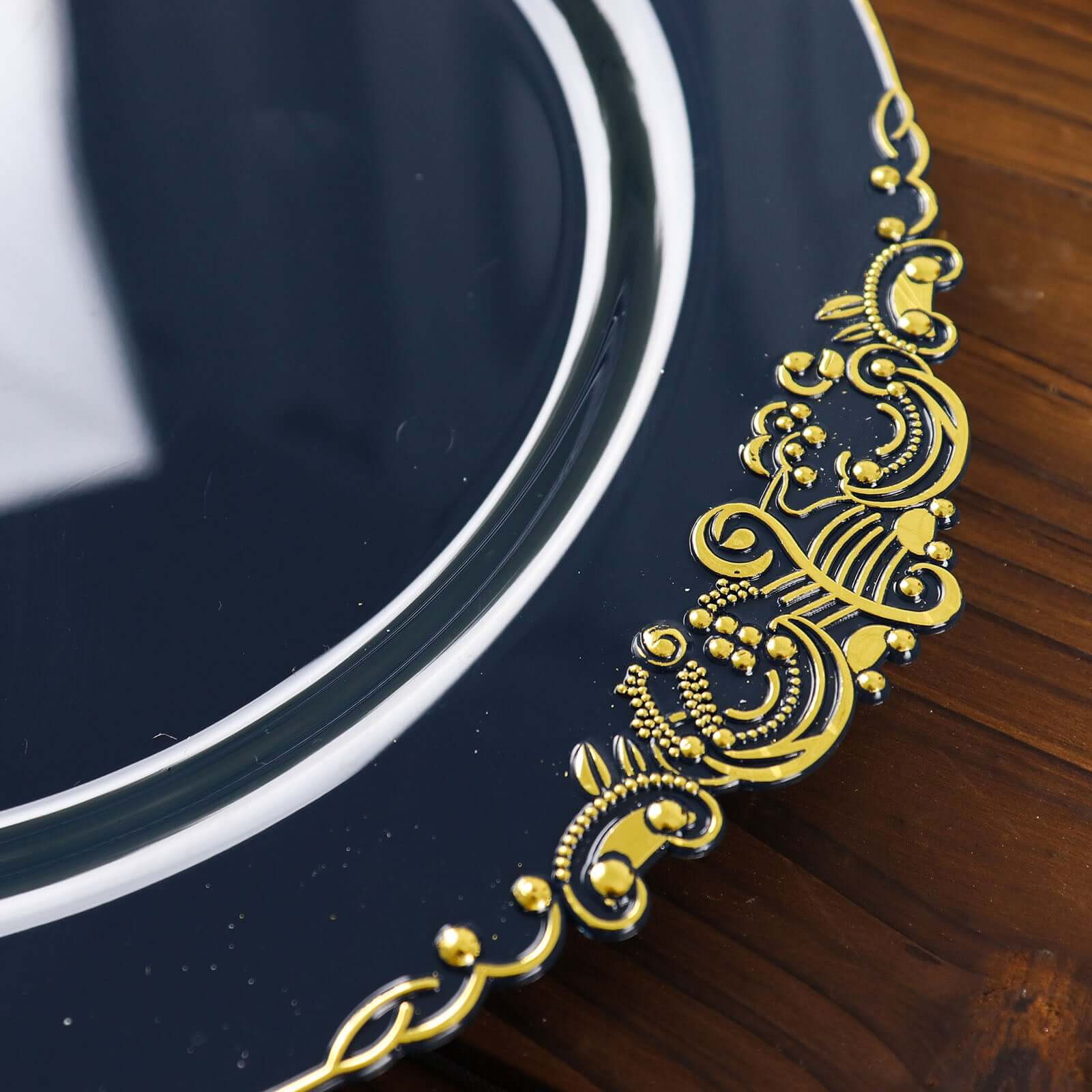 10-Pack Plastic 10 Round Dinner Plates in Navy Blue with Gold Leaf Embossed Rim - Disposable Vintage Baroque Style Plates