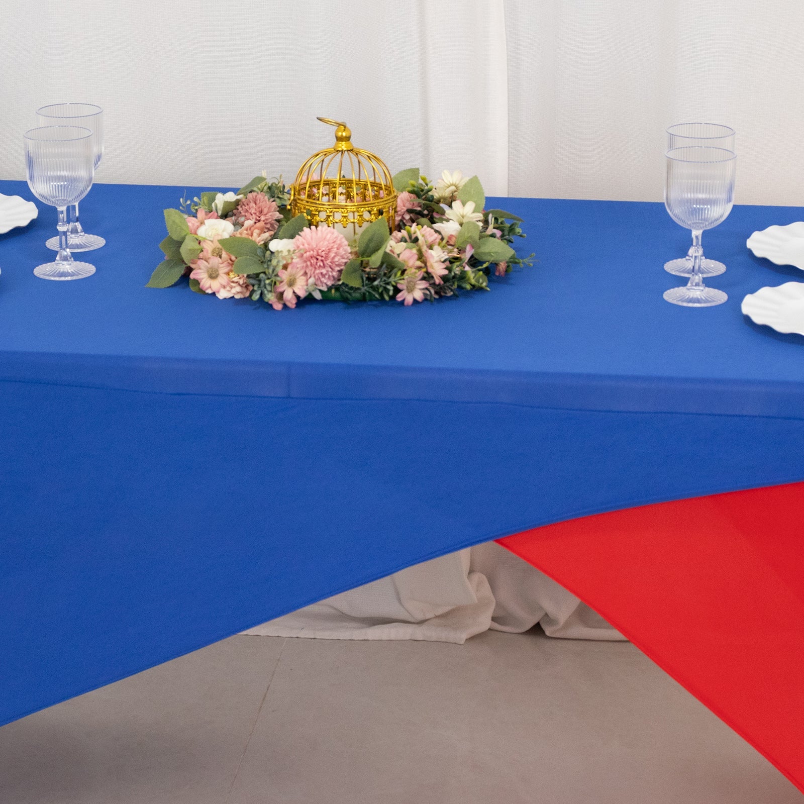 Stretch Spandex 72x30 Rectangle Table Cover Royal Blue/Red Cross Over Design - Two-Piece Fitted Tablecloth with Elastic Foot Pockets