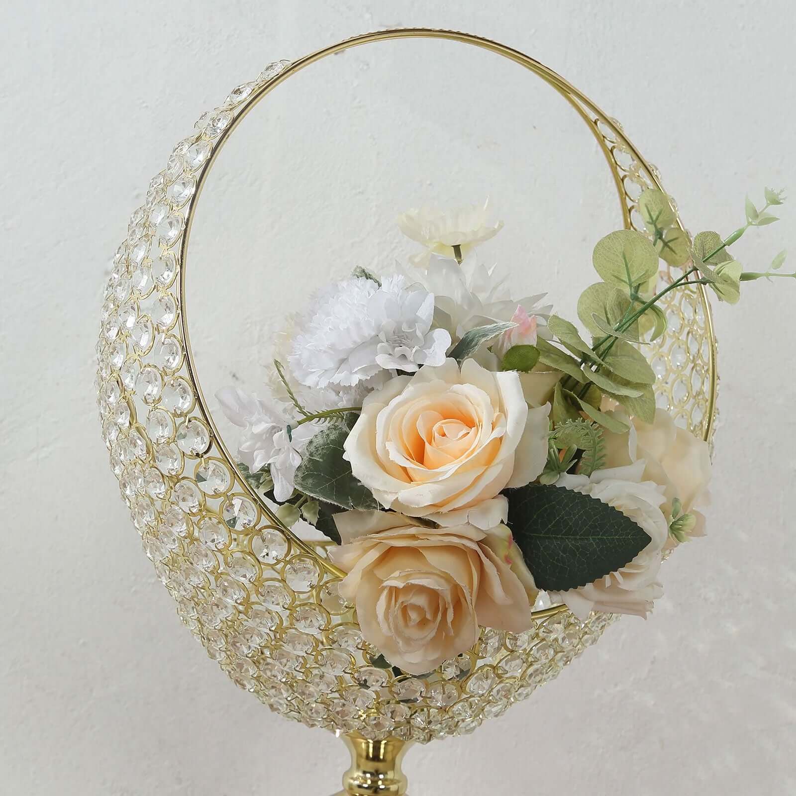 Metal Crystal Beaded Candle Holder Stand, Half Moon Basket Design Gold Wedding Flower Centerpiece with Round Stable Base 3ft Tall