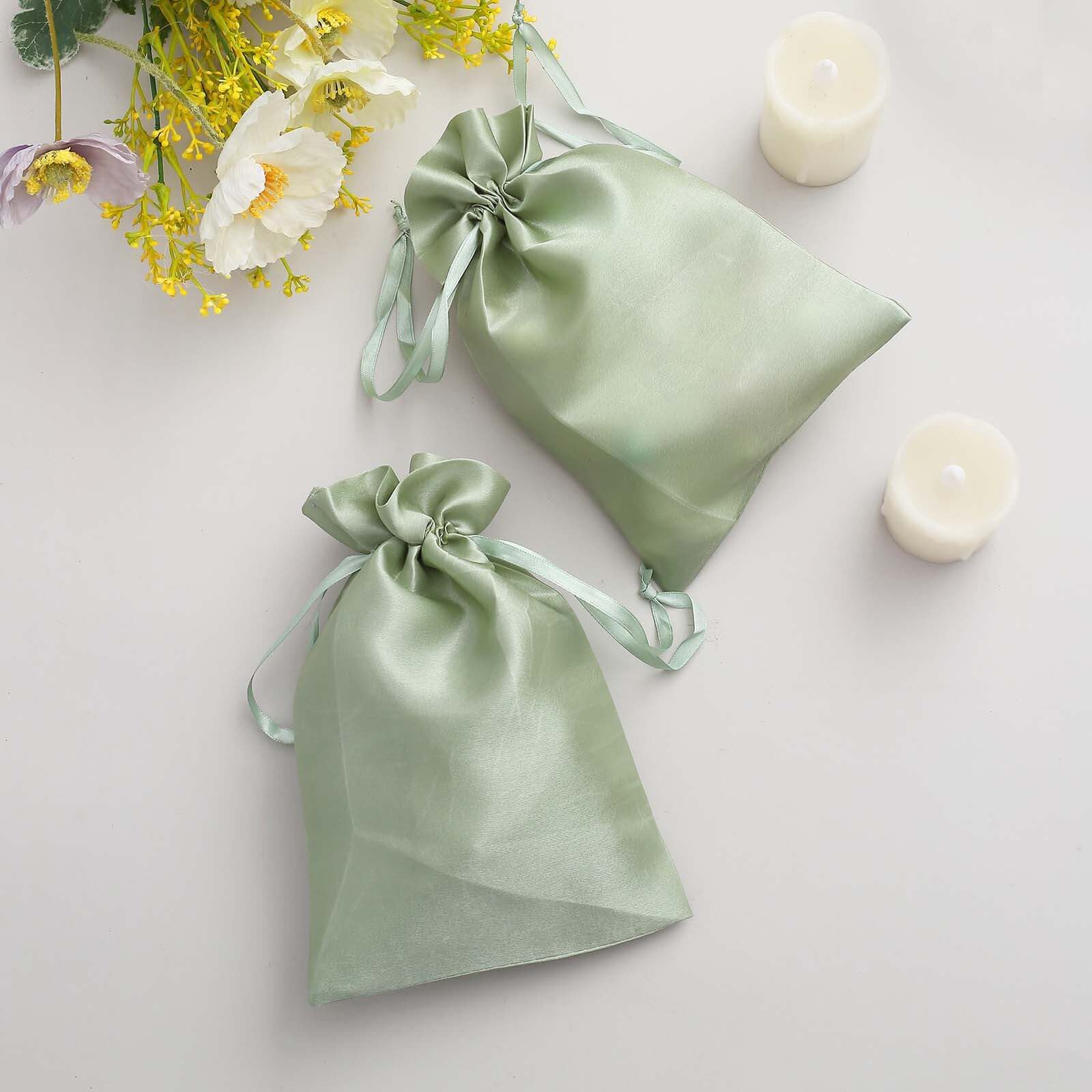 12 Pack 6x9 Sage Green Satin Wedding Party Favor Bags, Drawstring Pouch Gift Bags