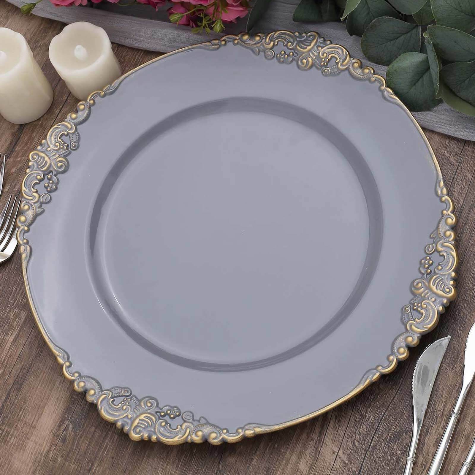 6-Pack Acrylic Round Charger Plates 13 in Charcoal Gray with Gold Embossed Baroque Rim, Antique Decorative Dinner Party Charger Tableware